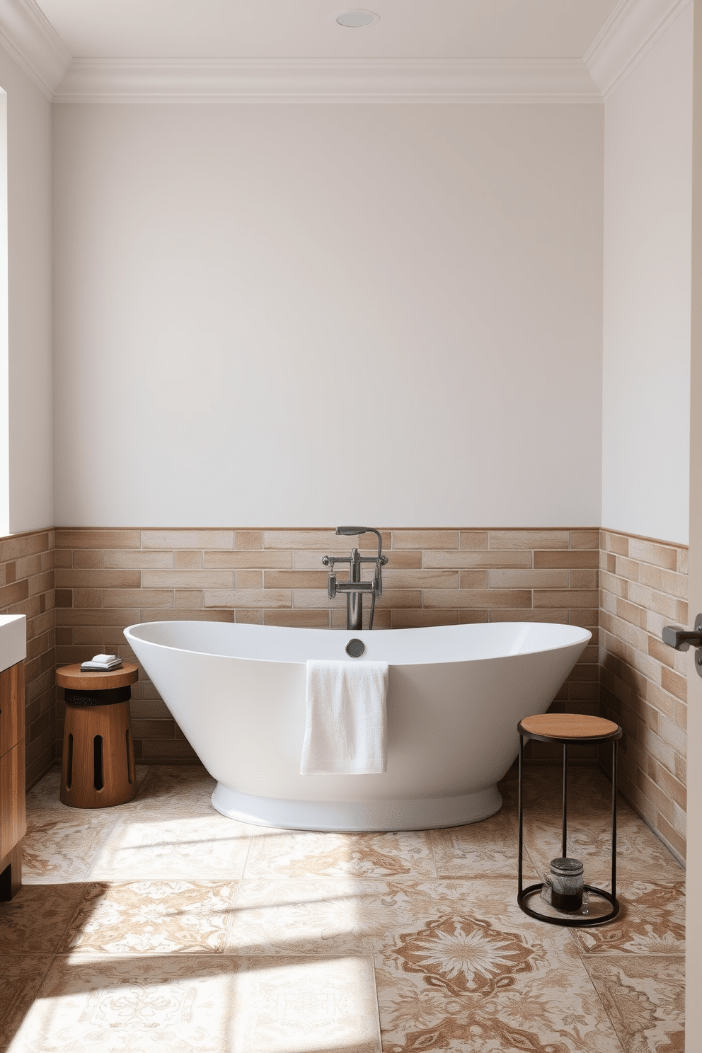 A serene bathroom featuring vintage tiles that elegantly contrast with a sleek modern freestanding tub. The walls are adorned with soft neutral tones, enhancing the warmth of the rustic tiles while providing a contemporary touch.