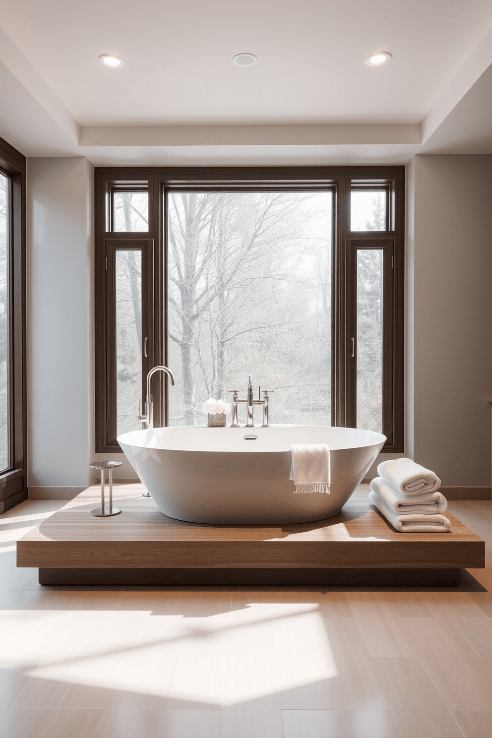 A stunning freestanding tub is elegantly positioned on a raised platform, creating a focal point in the bathroom. Surrounding the tub, large windows allow natural light to flood the space, enhancing the serene atmosphere. The platform features a smooth wood finish that complements the soft color palette of the room. Elegant fixtures and plush towels are strategically placed to complete the luxurious design.