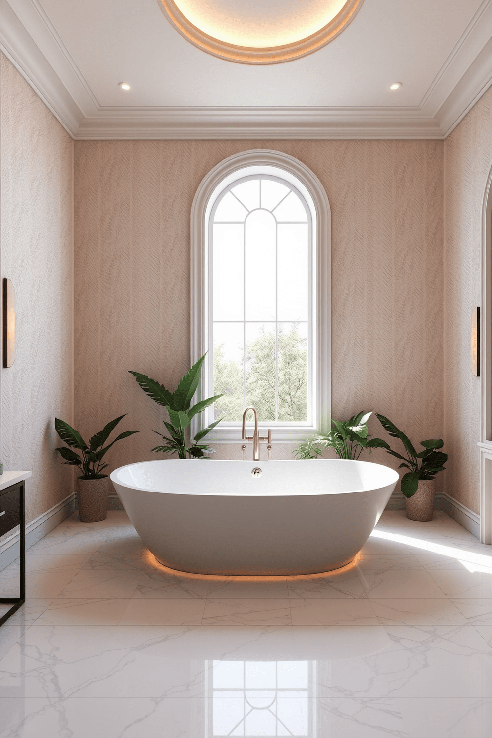 A luxurious bathroom featuring a freestanding tub with integrated lighting that creates a serene ambiance. The walls are adorned with soft, textured wallpaper in a light neutral tone, while the floor is covered in large, elegant marble tiles. The tub is positioned under a large window that allows natural light to flood the space. Surrounding the tub are potted plants that add a touch of greenery and tranquility to the overall design.