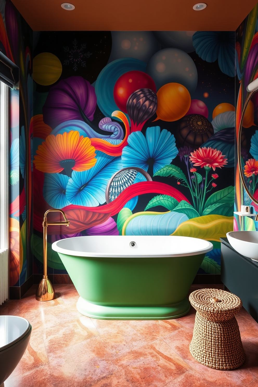 A vibrant bathroom featuring a colorful freestanding tub as the centerpiece. The walls are adorned with a stunning artistic mural that adds a unique flair to the space.