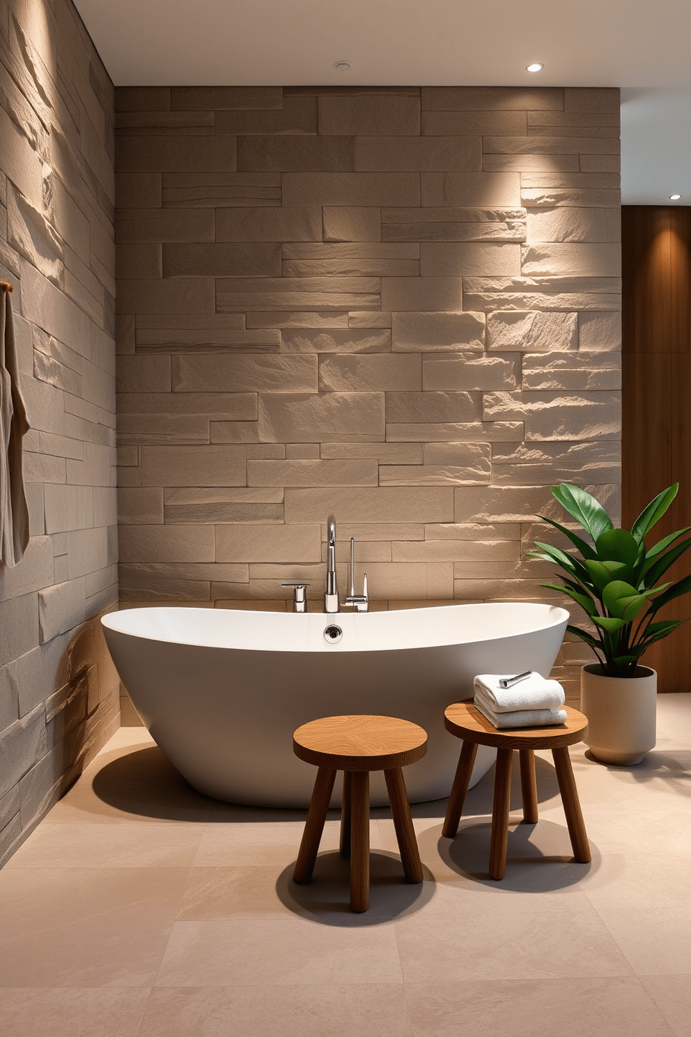 An elegant freestanding tub is framed by natural stone walls that exude a sense of tranquility. Soft ambient lighting highlights the textures of the stone while a small wooden stool holds plush towels nearby. The floor is adorned with large format tiles in a neutral hue, creating a seamless transition from the tub area. Potted greenery adds a touch of nature, enhancing the serene atmosphere of the bathroom.