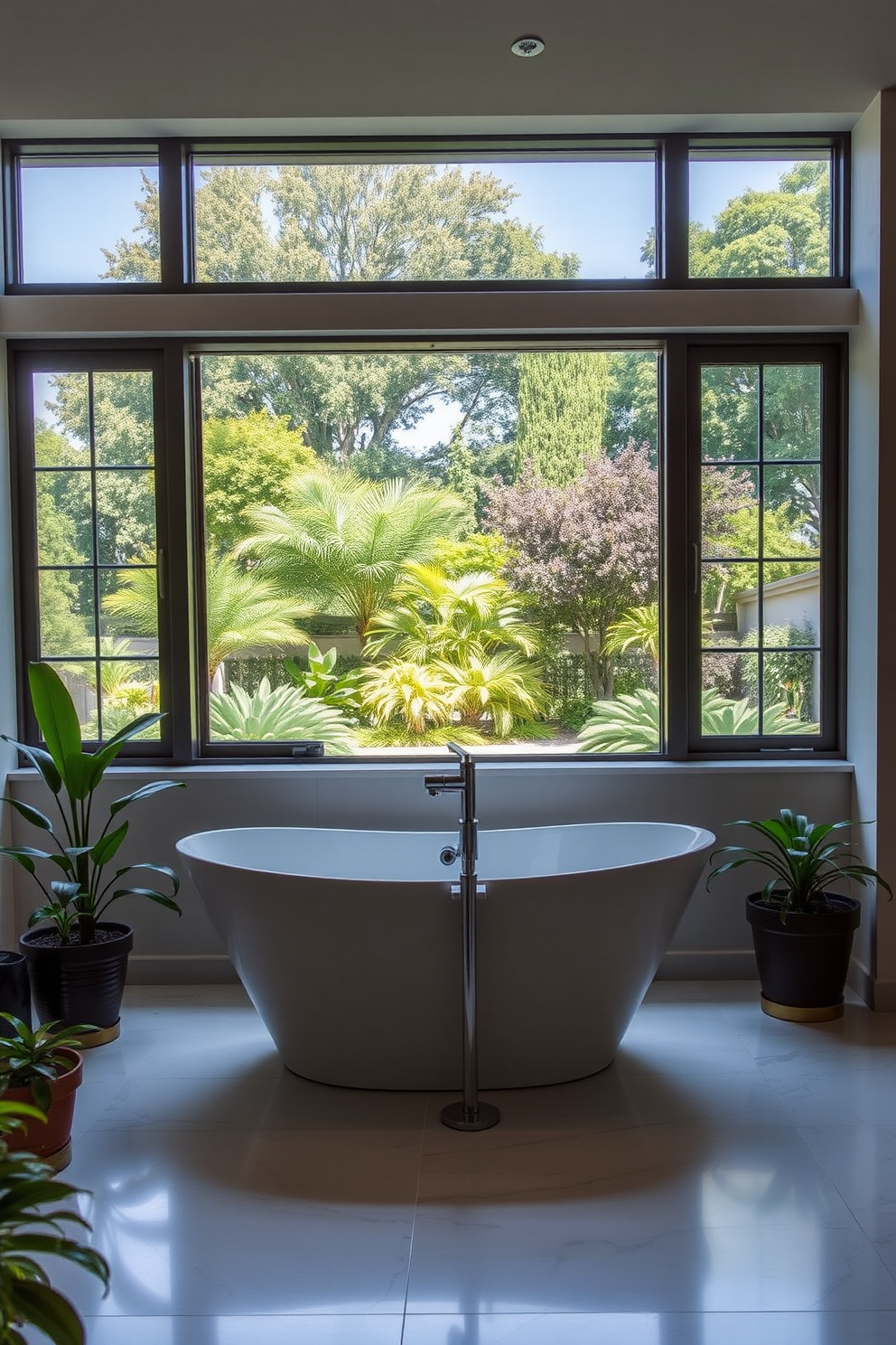 A luxurious bathroom featuring a freestanding tub positioned in front of large windows that overlook a lush outdoor garden. The tub is elegantly designed with a sleek silhouette and is accompanied by a modern floor-mounted faucet. The walls are adorned with soft, neutral tones that create a serene ambiance. Surrounding the tub, there are potted plants that enhance the connection between the indoor space and the vibrant garden outside.