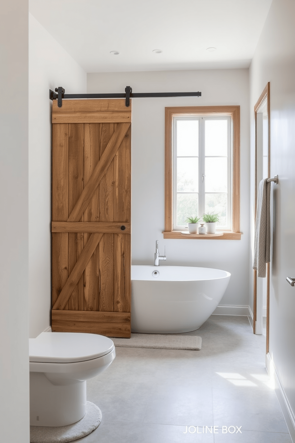 A compact bathroom featuring a modern tub positioned beneath a large window that allows natural light to flood the space. The tub is framed by a sliding barn door made of reclaimed wood, adding a rustic touch to the contemporary design. The walls are painted in a soft white hue, creating an airy atmosphere, while the floor is adorned with light gray tiles for a sleek look. Decorative elements include potted plants and neatly arranged bath accessories on a floating shelf above the tub.