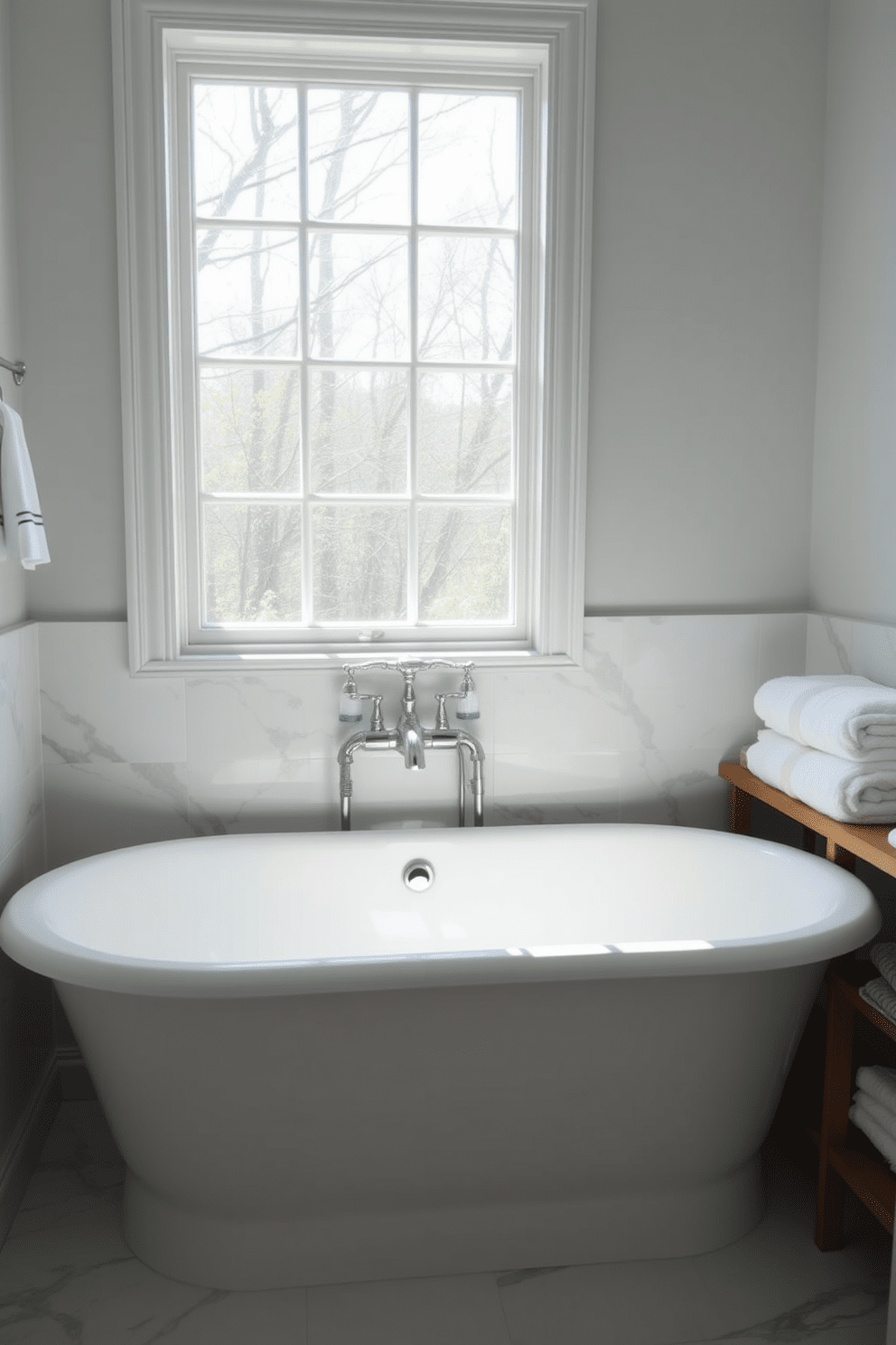 Classic white tub with chrome fixtures. The tub is elegantly positioned under a large window that allows natural light to flood the space. Surrounding the tub is a sleek marble backsplash that adds a touch of luxury. Soft white towels are neatly arranged on a nearby wooden shelf, complementing the overall serene ambiance.