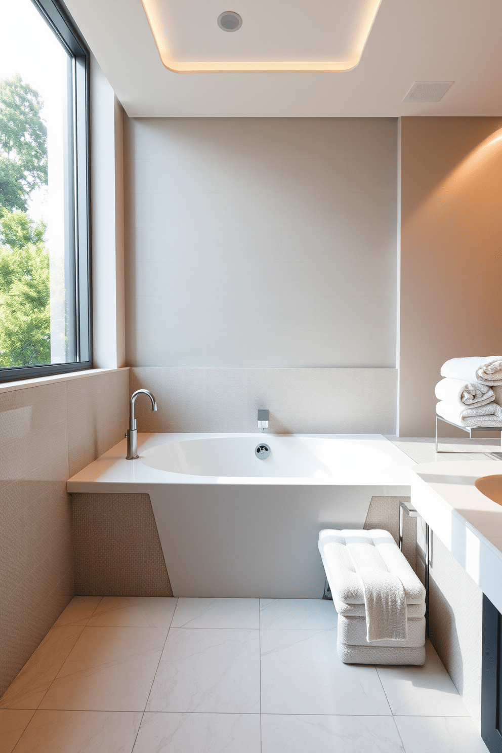 A luxurious bathroom featuring a spacious bathtub with a built-in seat for ultimate comfort. The tub is elegantly surrounded by textured tiles, with soft lighting enhancing the serene atmosphere. Natural light floods the space through a large window, highlighting the sleek design and calming color palette. Plush towels are neatly arranged on a nearby shelf, adding a touch of warmth to the modern aesthetic.