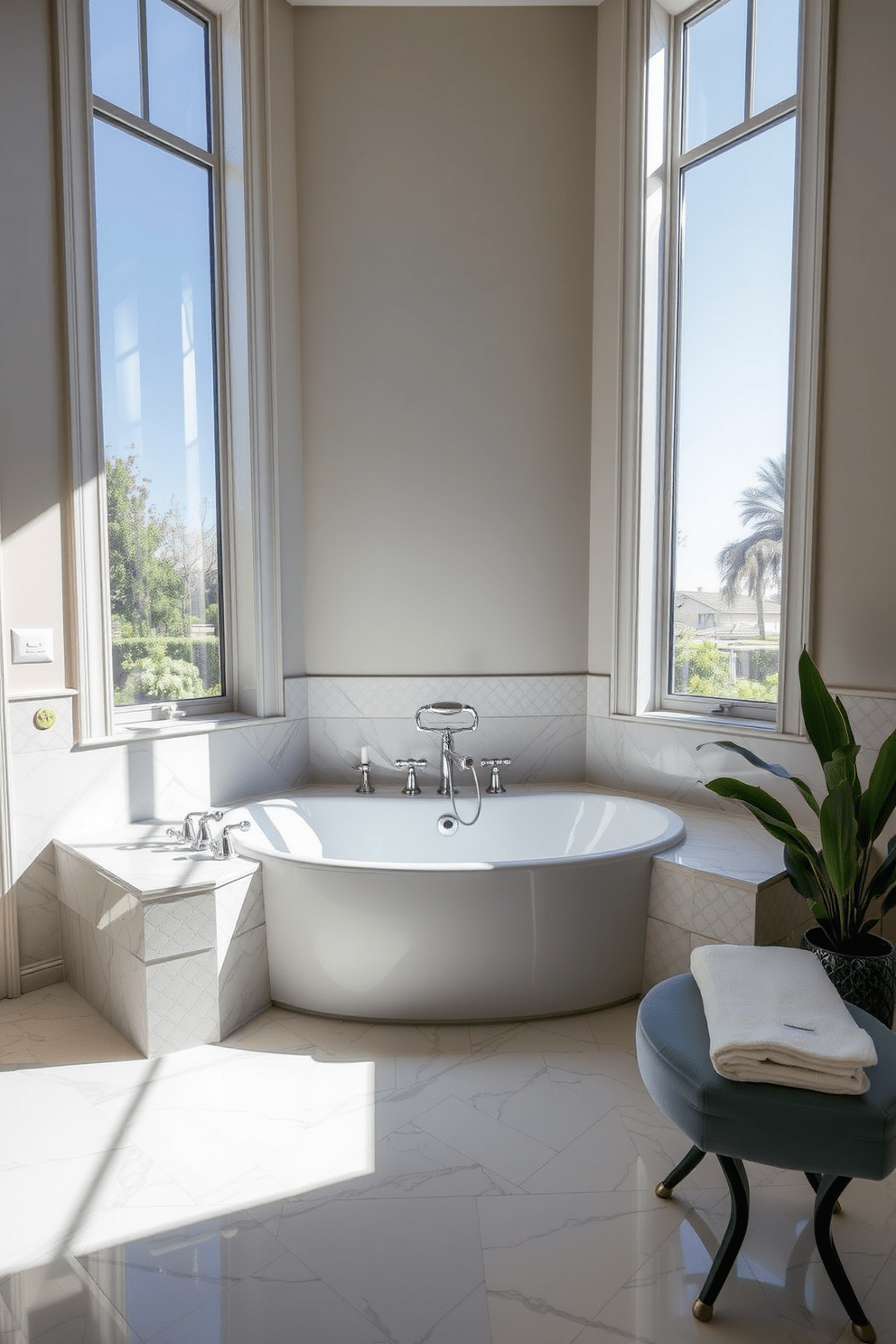 A sophisticated tub nestled in an alcove creates a serene oasis. The tub is surrounded by elegant tile work, with soft lighting highlighting its curves. Large windows frame the alcove, allowing natural light to flood the space. Plush towels and a stylish stool are arranged nearby for added comfort and convenience.