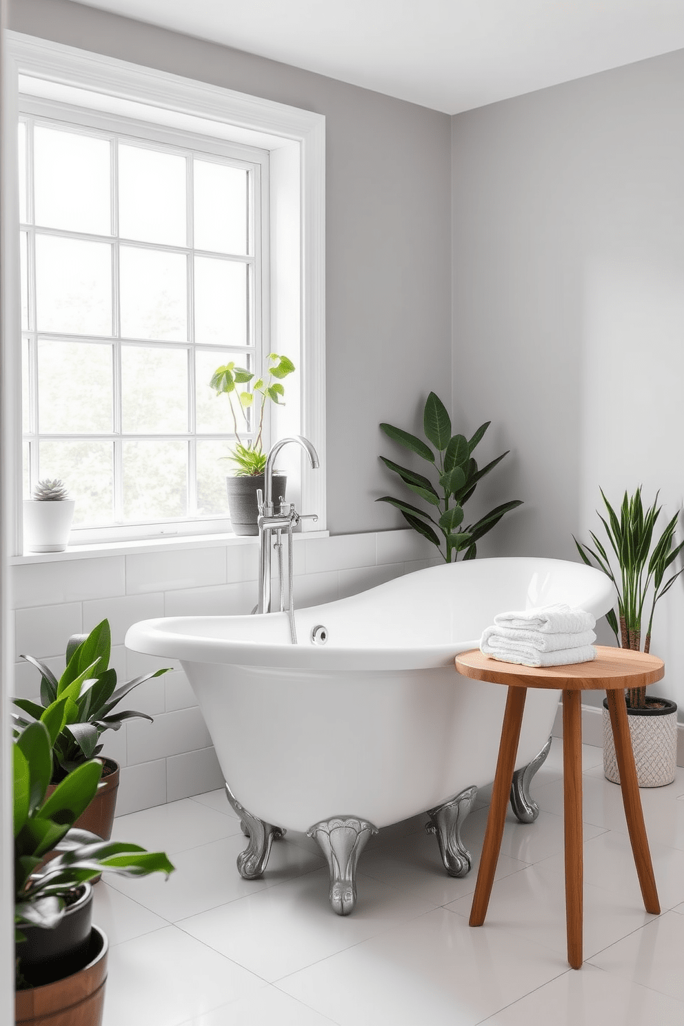 A vintage clawfoot tub is the centerpiece of a modern bathroom, surrounded by sleek white tiles and a large window that lets in natural light. The tub is complemented by a stylish freestanding faucet and a small wooden side table holding a stack of plush towels. The walls are painted in a soft gray, creating a serene backdrop for the elegant tub. Potted plants are placed strategically around the room, adding a touch of greenery and warmth to the contemporary setting.