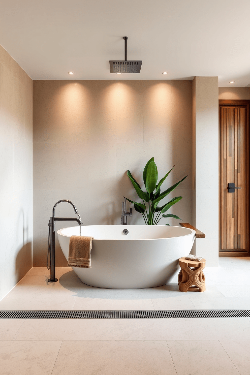 A luxurious bathroom featuring a freestanding tub positioned against a textured wall that adds depth and visual interest. Soft ambient lighting illuminates the space, creating a serene atmosphere perfect for relaxation. The tub is surrounded by elegant fixtures, including a sleek floor-mounted faucet and a stylish showerhead above. Neutral tones dominate the color palette, complemented by natural elements like wooden accents and lush greenery for a spa-like feel.