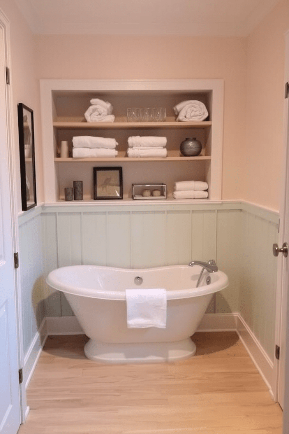 A cozy bathroom featuring a small tub nestled against the wall, surrounded by a built-in shelving unit that showcases neatly arranged towels and decorative items. The walls are painted in a soft pastel hue, while the floor is adorned with light-colored wood tiles, creating a warm and inviting atmosphere.