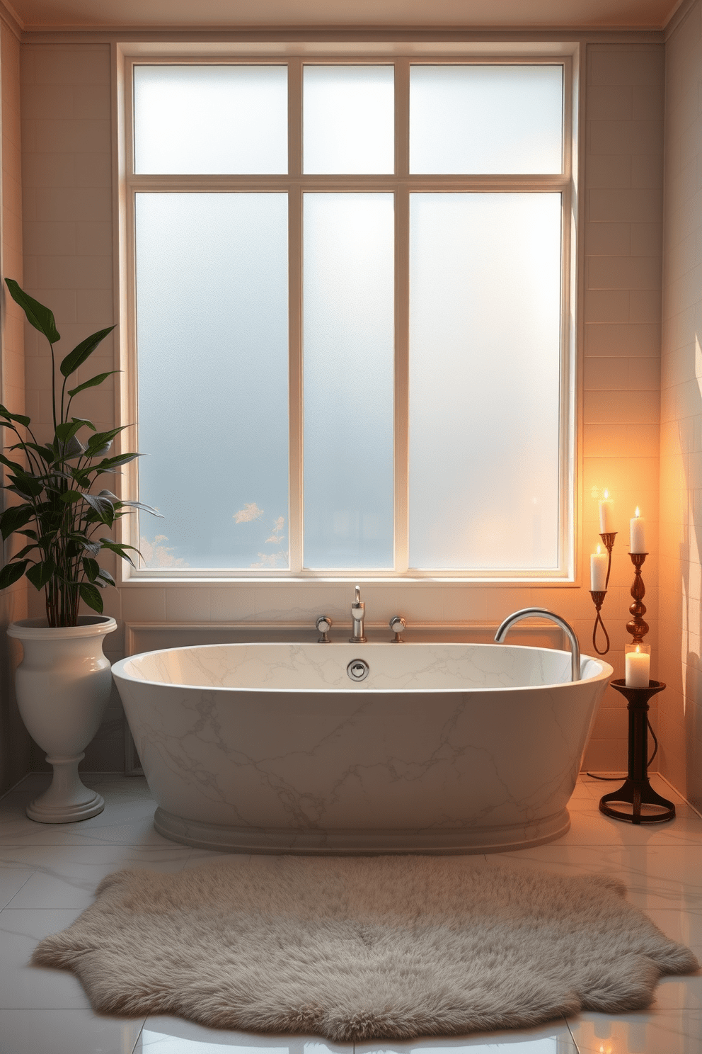 An elegant marble tub sits at the center of a serene bathroom, surrounded by flickering candles that cast a warm glow. The walls are adorned with soft white tiles, and lush greenery peeks from elegant planters, creating a tranquil oasis. Natural light streams in through large frosted windows, enhancing the calming atmosphere of the space. A cozy rug lies beneath the tub, adding a touch of comfort and sophistication to the overall design.