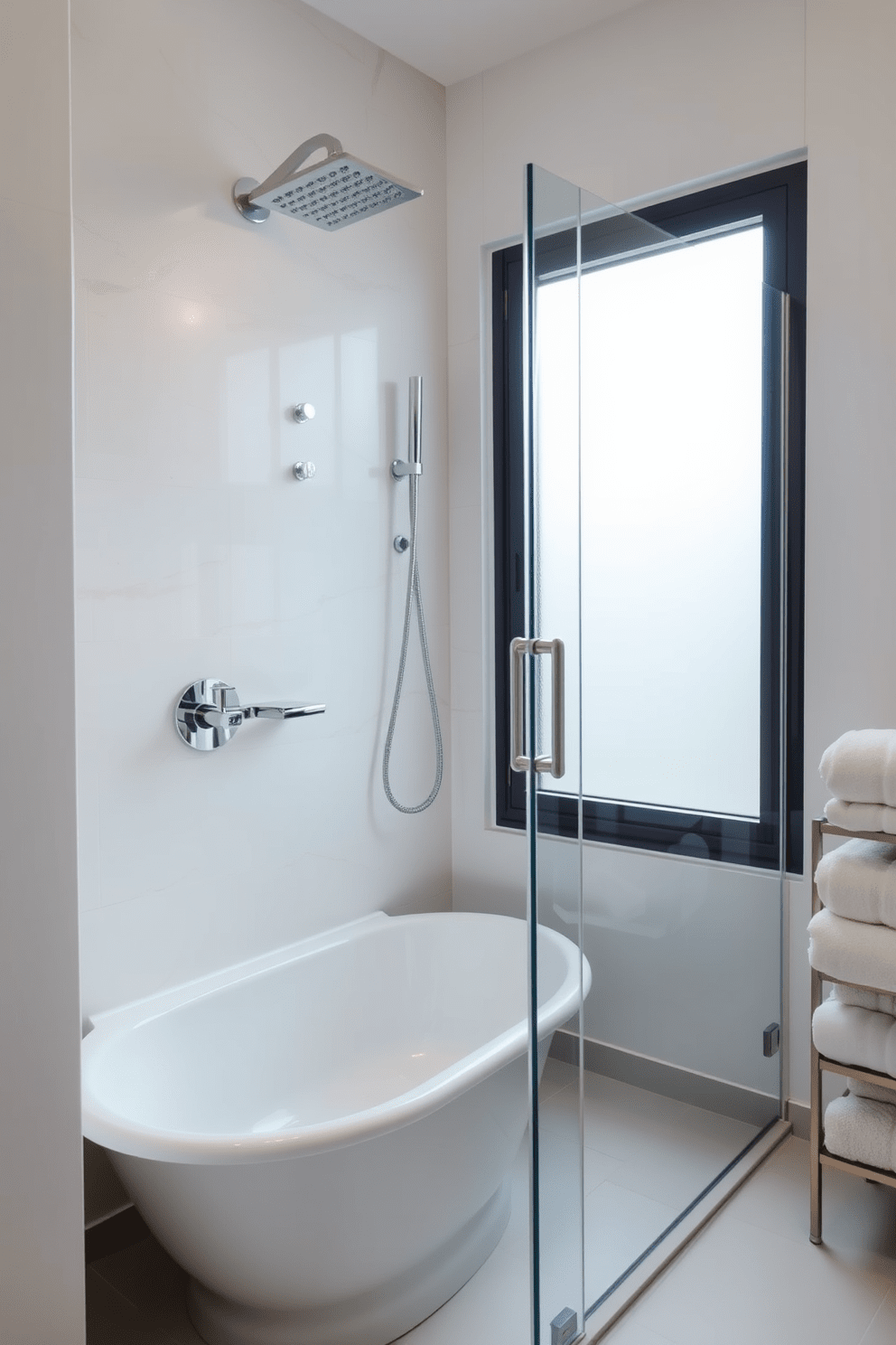 A compact tub is nestled against a wall, surrounded by elegant tile that complements the overall color scheme. A sleek glass shower enclosure stands adjacent, featuring a modern rainfall showerhead and minimalist fixtures. Natural light streams in through a frosted window, enhancing the serene atmosphere of the space. Soft, neutral tones dominate the decor, with plush towels neatly arranged on a nearby shelf.