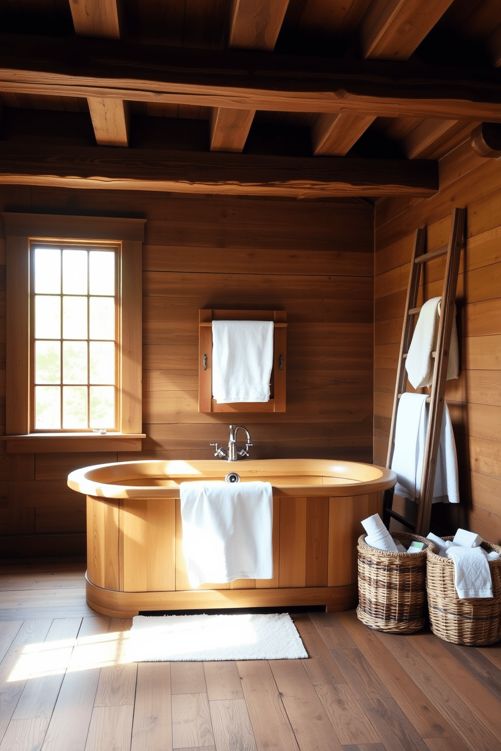 A rustic wooden tub sits center stage in a farmhouse style bathroom, surrounded by exposed wooden beams and shiplap walls. Natural light floods the space through a large window, highlighting the warm tones of the wood and the soft white of the linens. Adjacent to the tub, there is a vintage wooden ladder used for hanging towels, adding to the rustic charm. The floor is covered in wide planks of reclaimed wood, and a woven basket filled with bath essentials is placed nearby.