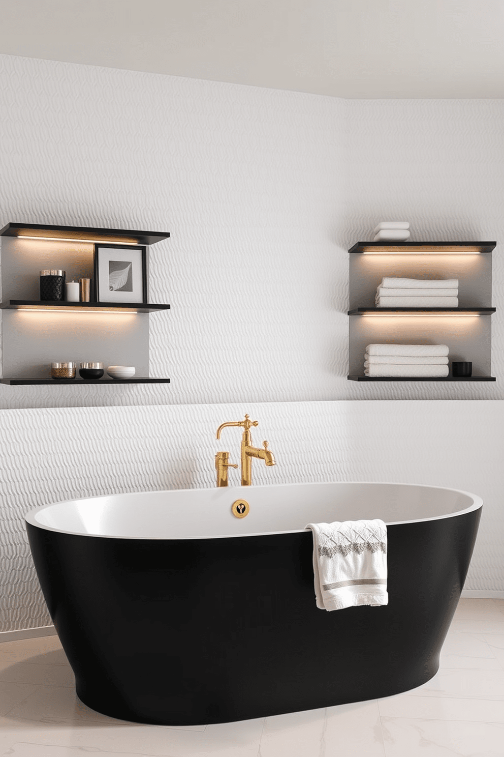 A contemporary bathroom featuring a sleek black freestanding tub with elegant gold fixtures. The tub is positioned against a backdrop of textured white tiles, creating a striking contrast that enhances the modern aesthetic. Surrounding the tub are minimalist floating shelves displaying curated decor and plush towels. Soft ambient lighting highlights the luxurious finishes and adds warmth to the overall design.