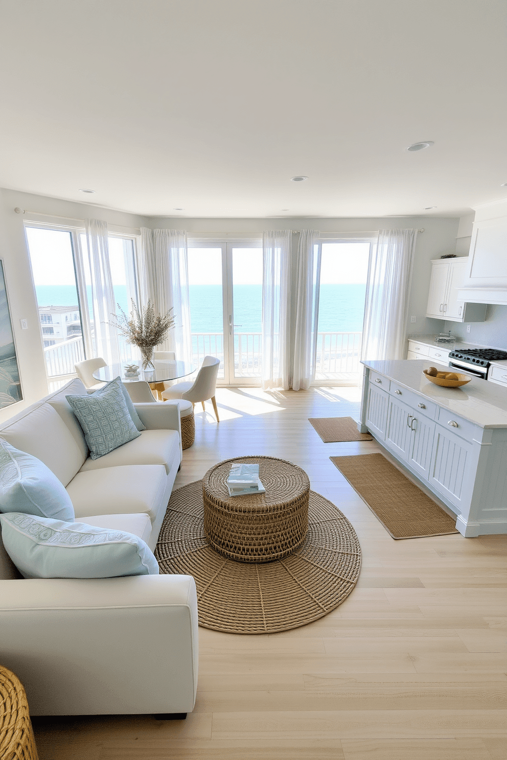 A bright and airy beach apartment with a coastal color palette featuring soft blues and sandy beige tones. The living area includes a large sectional sofa adorned with light blue throw pillows and a woven coffee table surrounded by natural fiber rugs. The kitchen showcases white cabinetry with seafoam green accents and a spacious island topped with a light marble surface. Large windows allow ample sunlight to flood the space, complemented by sheer curtains that gently sway in the ocean breeze.