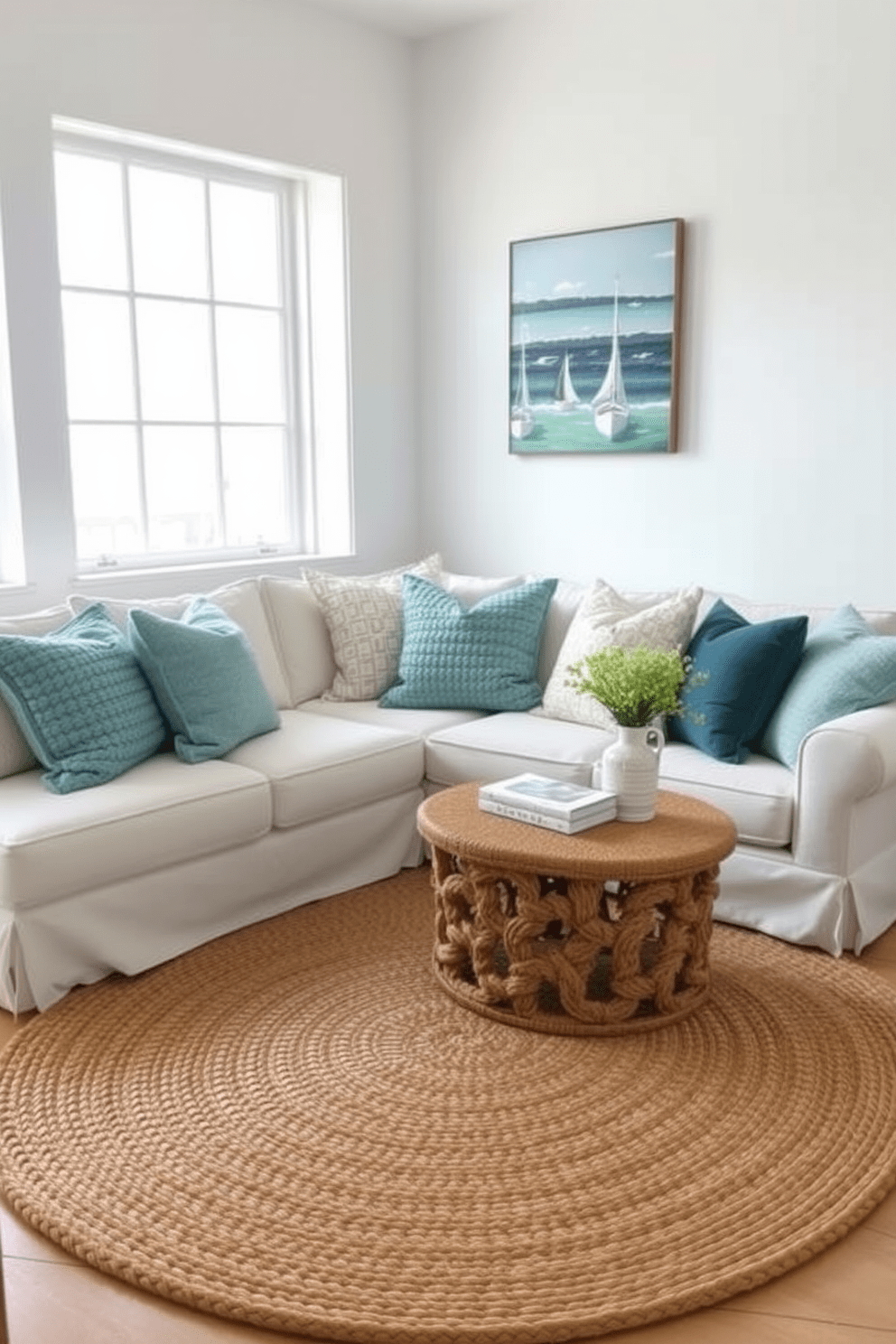 Textured throw pillows in ocean hues adorn a cozy sectional sofa, bringing a refreshing coastal vibe to the living room. The walls are painted in soft white, and large windows allow natural light to flood the space, enhancing the serene atmosphere. A woven jute rug anchors the seating area, complementing the pillows and adding warmth to the beach apartment design. Nautical-themed artwork hangs above the sofa, creating a harmonious connection to the ocean-inspired color palette.