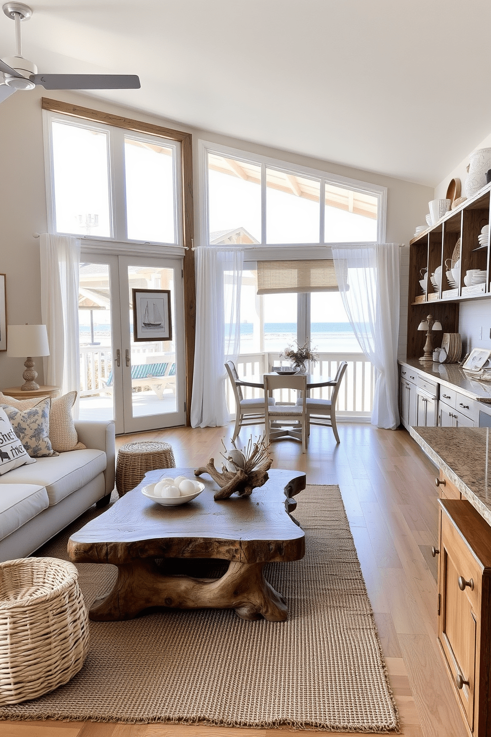 A cozy beach apartment featuring driftwood elements that enhance the rustic charm. The living area showcases a driftwood coffee table surrounded by soft, neutral-toned sofas and woven baskets for storage. Large windows allow natural light to flood the space, with sheer white curtains fluttering in the breeze. The walls are adorned with nautical-themed artwork, and a jute rug anchors the seating area. In the kitchen, driftwood accents are incorporated into open shelving, displaying ceramic dishware and beach-inspired decor. The color palette consists of sandy beiges and ocean blues, creating a serene coastal atmosphere.