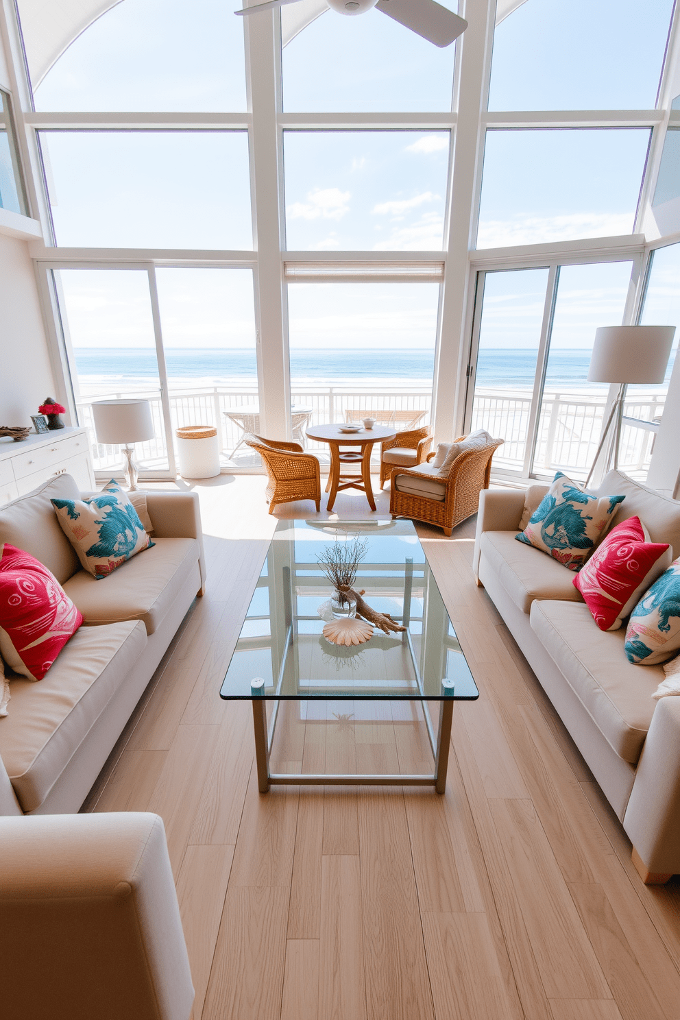 A bright and airy beach apartment features a sleek glass coffee table at the center of the living area. Surrounding the table are soft, neutral-toned sofas adorned with vibrant, ocean-inspired throw pillows. Large windows allow natural light to flood the space, showcasing a stunning view of the beach. Light wooden flooring complements the relaxed coastal vibe, while decorative elements like seashells and driftwood enhance the beachy aesthetic.