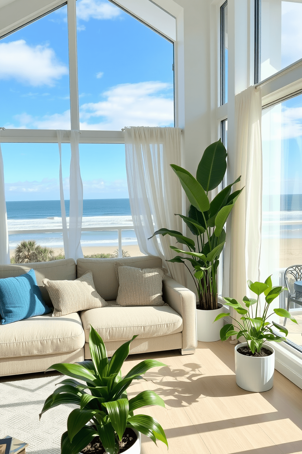 A cozy beach apartment filled with natural light. Large windows offer stunning ocean views, while soft white curtains flutter in the breeze. The living area features a comfortable sectional sofa adorned with blue and beige throw pillows. Indoor plants in stylish pots are strategically placed around the room, adding a fresh and vibrant atmosphere.