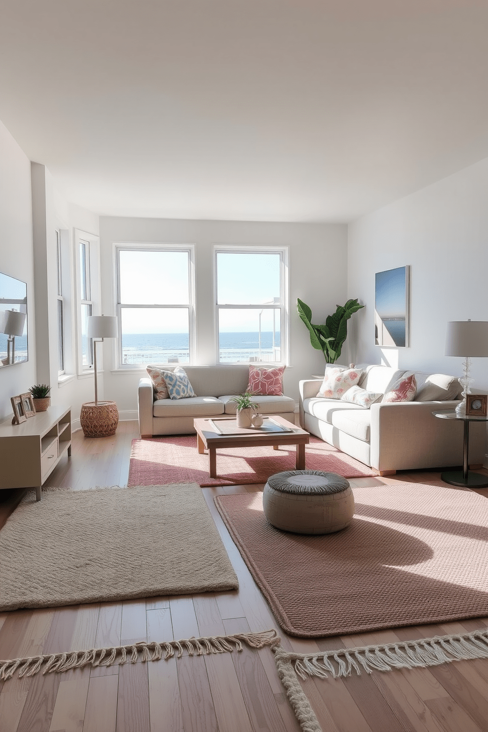 A cozy beach apartment living room features layered rugs in soft, neutral tones that add warmth and comfort to the space. The rugs are placed over light hardwood floors, creating a welcoming atmosphere that invites relaxation. The room is adorned with coastal decor, including a large, comfortable sofa in a light fabric and colorful throw pillows. Natural light floods in through large windows, enhancing the airy feel of the apartment and highlighting the layered textures of the rugs.