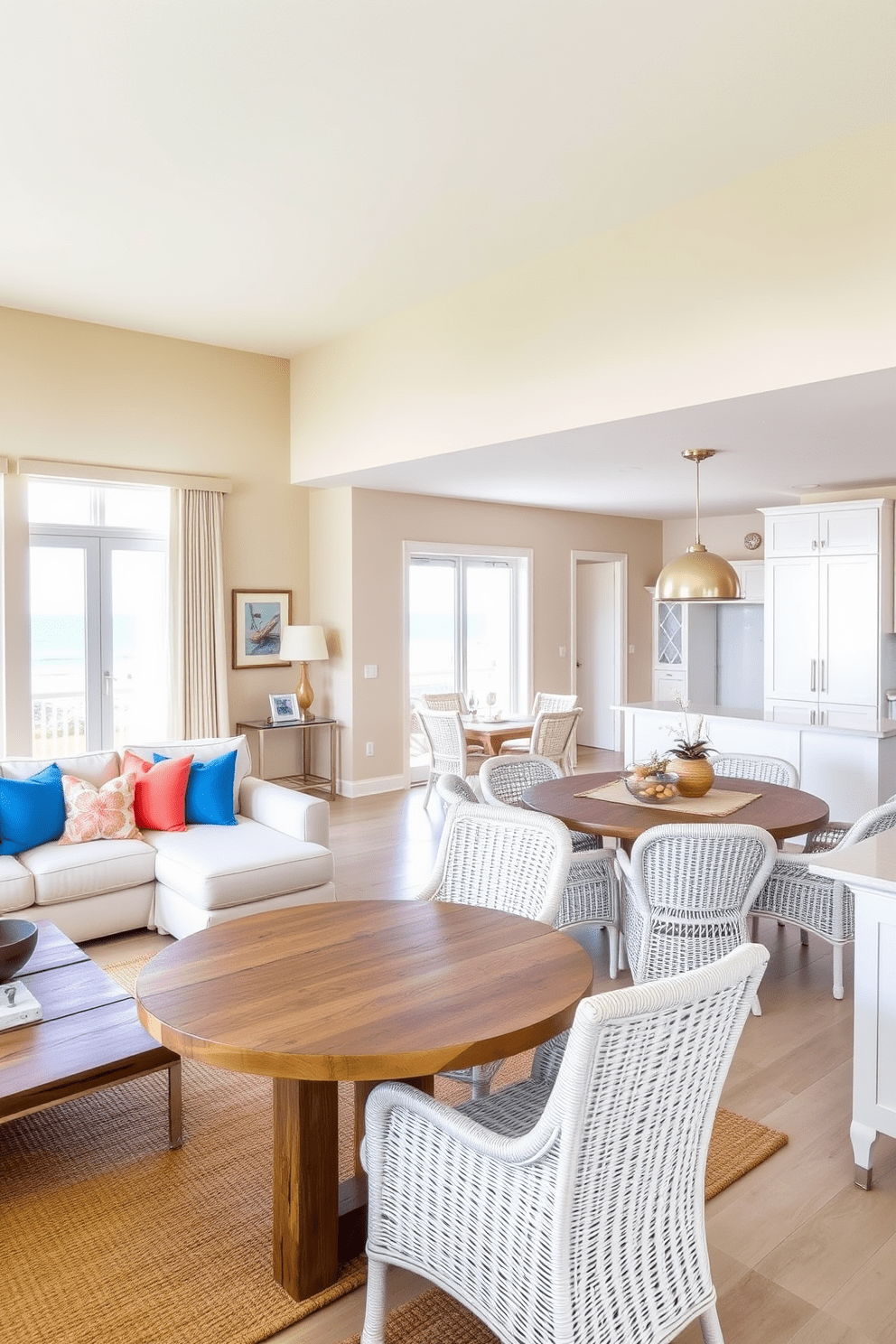 A beach apartment design featuring sandy beige walls that provide a neutral backdrop. The open living space includes a light-colored sectional sofa adorned with vibrant blue and coral throw pillows. Large windows allow natural light to flood the room, showcasing ocean views. A rustic wooden coffee table sits atop a soft jute rug, complementing the coastal theme. In the dining area, a round table made of reclaimed wood is surrounded by white wicker chairs. Above the table, a modern pendant light adds a touch of elegance to the relaxed atmosphere. The kitchen features white cabinetry with brushed nickel hardware and a spacious island for casual dining. Decorative items like seashells and driftwood accents enhance the beachy vibe throughout the space.