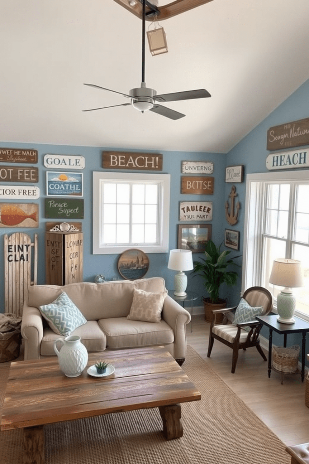 Create a cozy beach apartment filled with vintage beach signs that add character to the space. The walls are adorned with weathered wooden signs featuring coastal motifs and playful sayings, creating a relaxed and inviting atmosphere. In the living area, a comfortable sofa is paired with a reclaimed wood coffee table, surrounded by bright nautical decor. Large windows allow natural light to flood the room, highlighting the soft blue and sandy beige color palette reminiscent of the beach.