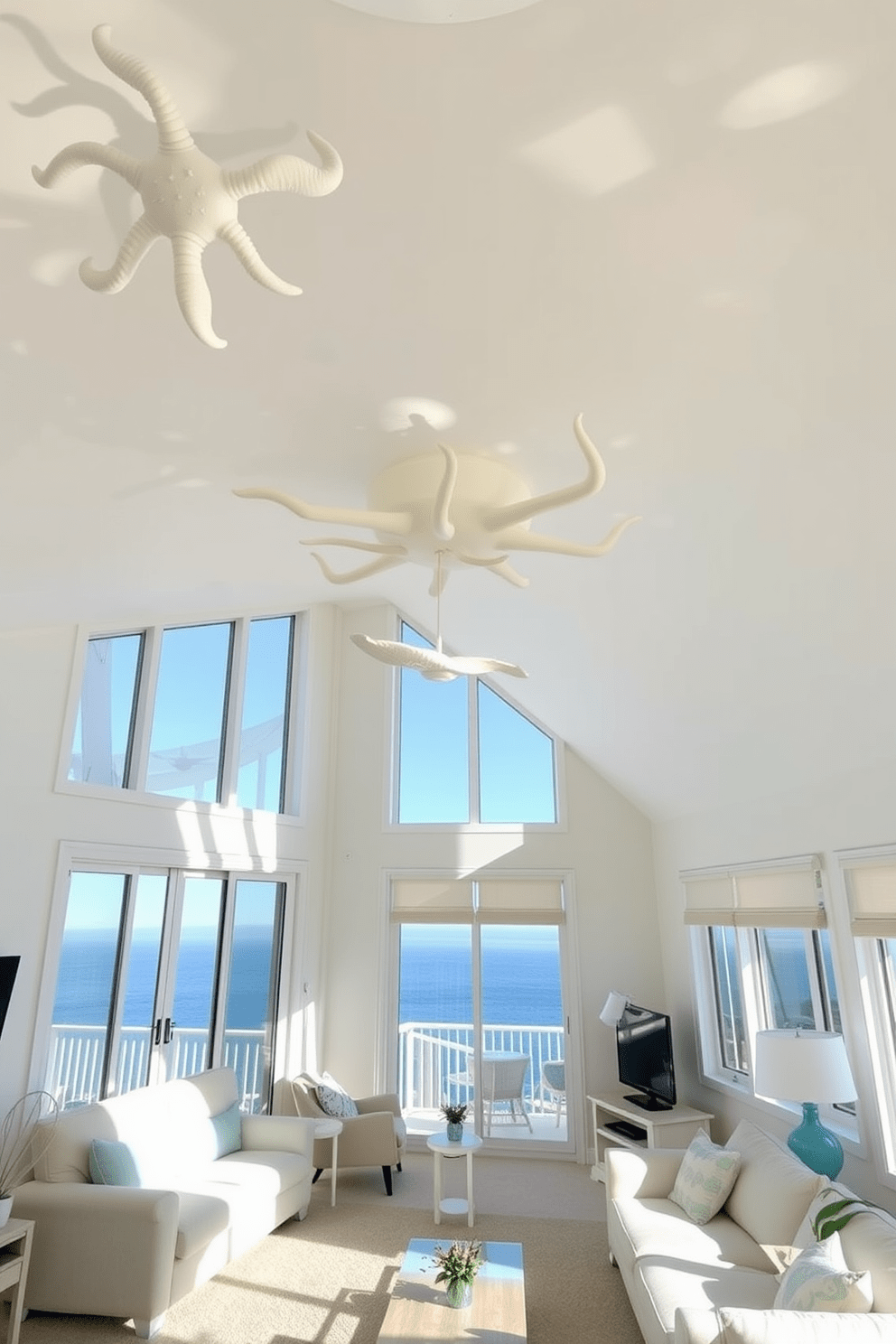 A bright and airy beach apartment filled with natural light. The ceiling is adorned with unique light fixtures resembling sea creatures, casting playful shadows across the room. Soft pastel colors dominate the walls and furnishings, creating a serene coastal vibe. Large windows offer stunning ocean views, while comfortable seating invites relaxation.