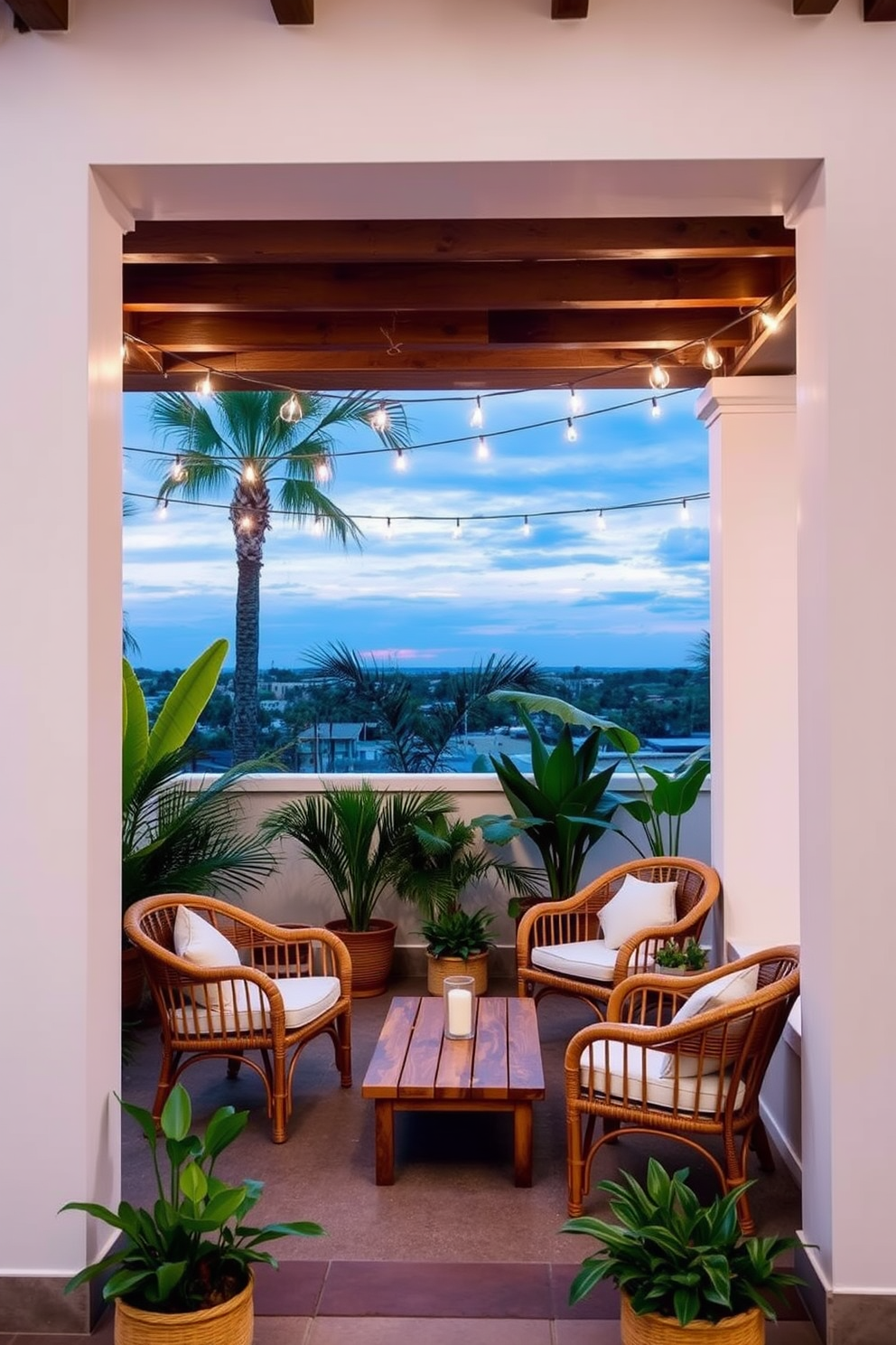 Outdoor seating for enjoying sunsets. The area features a cozy arrangement of rattan lounge chairs with plush cushions and a low wooden coffee table. Surrounding the seating, tropical plants add a touch of greenery and warmth. Soft string lights are draped overhead, creating a welcoming ambiance for evening gatherings.