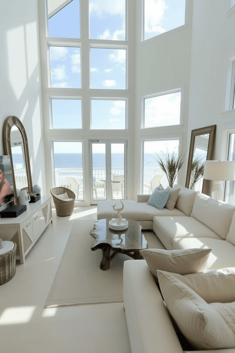 A bright and airy beach apartment with large windows allowing natural light to flood the space. The design features soft pastel colors and coastal decor, including woven textures and nautical accents. In the living area, a comfortable sectional sofa is paired with a driftwood coffee table. Large mirrors are strategically placed to reflect light and enhance the open feel of the apartment.