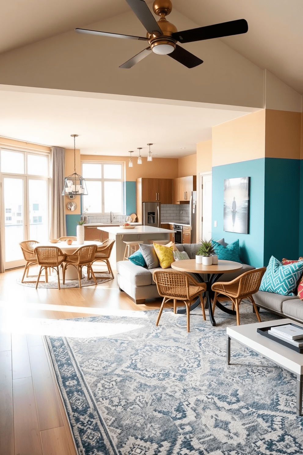 A beach apartment with color block accent walls featuring soft blues and sandy beiges. The open living space includes a cozy sectional sofa adorned with vibrant throw pillows and a large area rug that complements the color scheme. Natural light floods the room through large windows, highlighting the light wood flooring. A stylish dining area with a round table and woven chairs sits adjacent to the kitchen, creating an inviting atmosphere.