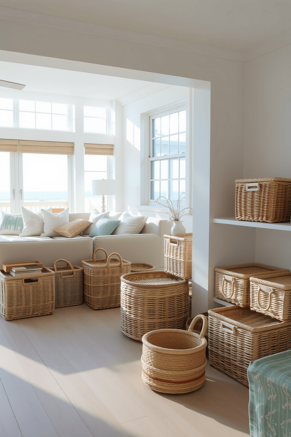 A bright and airy beach apartment featuring woven baskets for organization and style. The living area showcases a comfortable sectional sofa adorned with coastal-themed pillows, while natural light floods in through large windows. In one corner, a collection of woven baskets is neatly arranged, providing both storage and a decorative touch. The walls are painted in soft pastel colors, complementing the light wood flooring and enhancing the relaxed beach vibe.