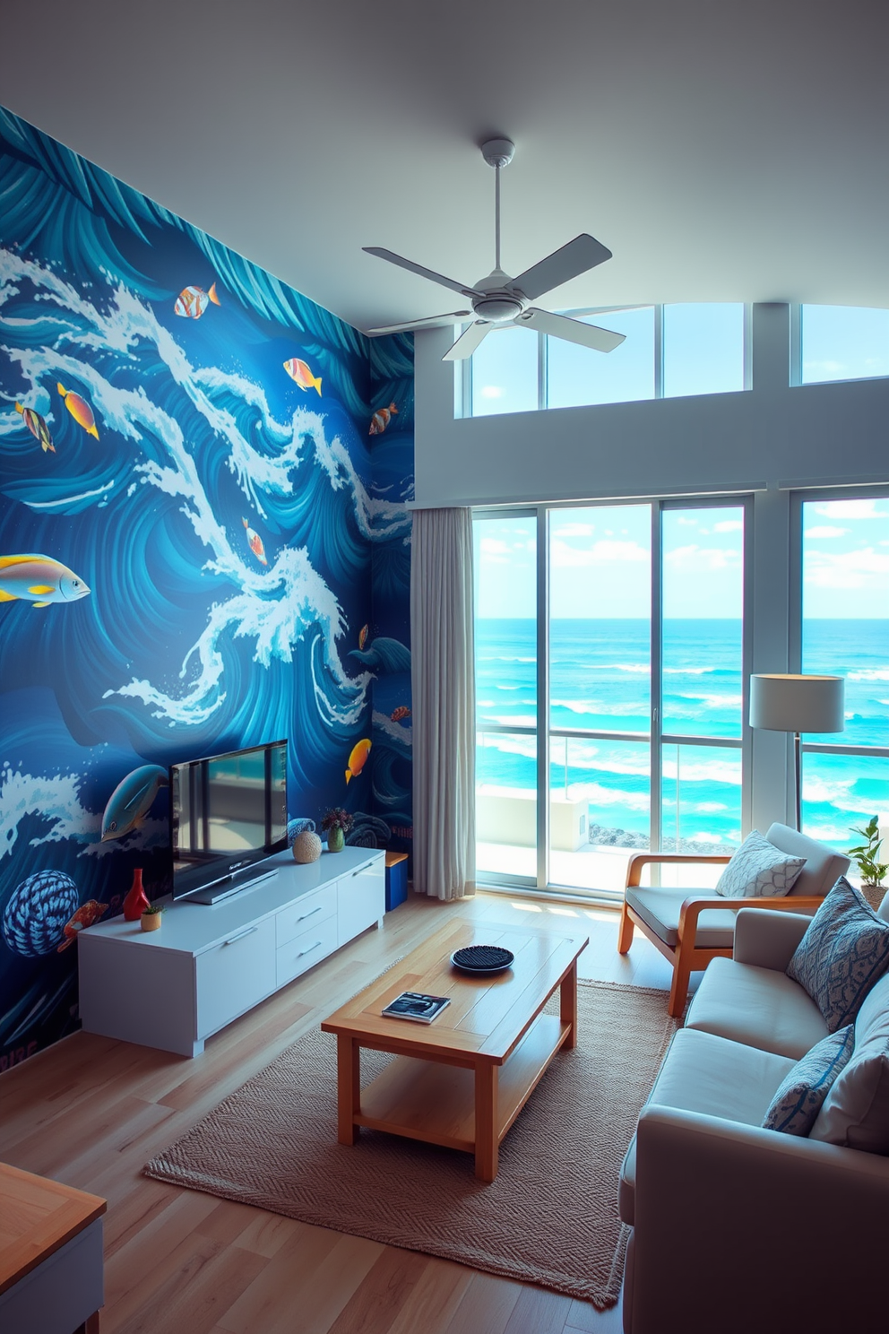 A vibrant beach apartment featuring ocean-themed wallpaper that captures the essence of coastal living. The walls are adorned with a stunning mural of waves and marine life, creating a serene atmosphere. The furniture is a mix of light wood and white accents, complementing the wallpaper beautifully. Large windows allow natural light to flood the space, enhancing the beachy vibe with views of the ocean beyond.