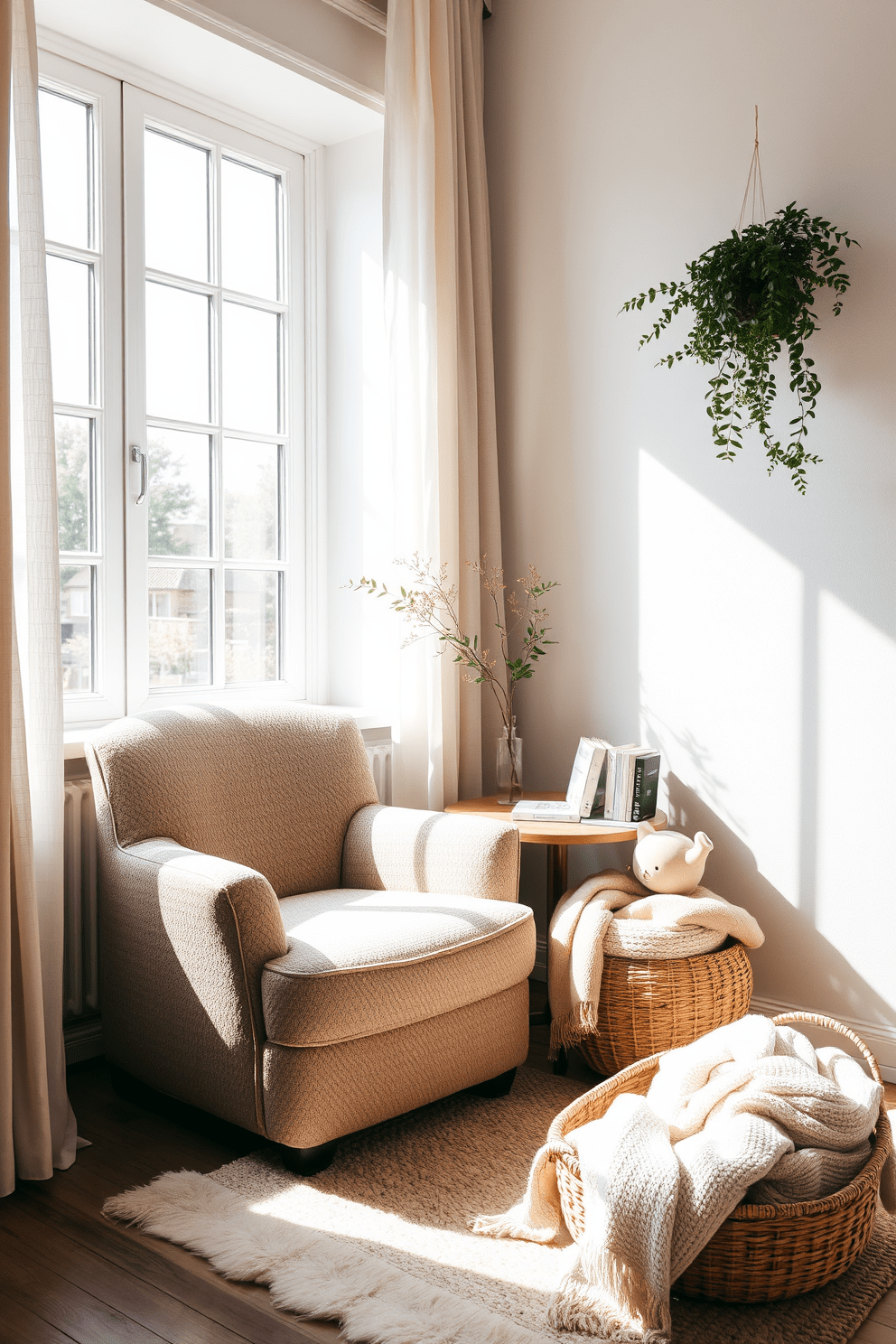 Cozy reading nook by the window. A plush armchair is positioned in the corner, covered in soft, textured fabric, with a small side table beside it holding a stack of books. Natural light streams in through the large window, adorned with light, airy curtains. A woven basket sits on the floor, filled with cozy blankets, inviting relaxation and comfort.