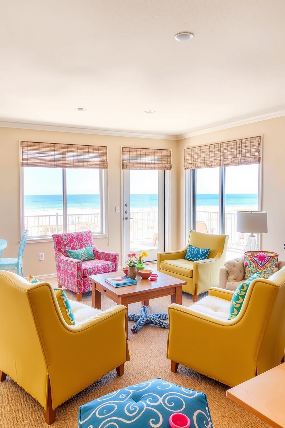 Brightly colored accent chairs are strategically placed around a light wood coffee table in a vibrant beach apartment. The chairs feature bold patterns and textures, adding a playful touch to the airy, sunlit living space. The walls are painted in a soft sandy beige, complementing the ocean-themed decor. Large windows allow natural light to flood the room, showcasing the stunning views of the beach just outside.