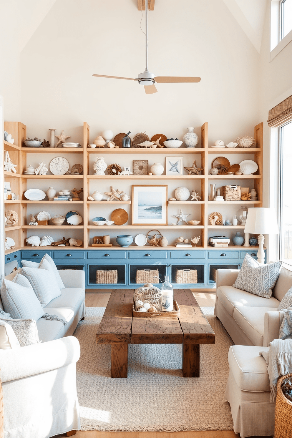 A bright and airy beach apartment featuring open shelving adorned with an array of beach finds such as seashells, driftwood, and coral. The shelving is made of natural wood, complementing the light-colored walls and large windows that let in plenty of sunlight. The living area is designed with a relaxed coastal vibe, incorporating soft blue and sandy beige tones throughout the furnishings. Comfortable seating is arranged around a coffee table made of reclaimed wood, creating an inviting space for relaxation and socializing.