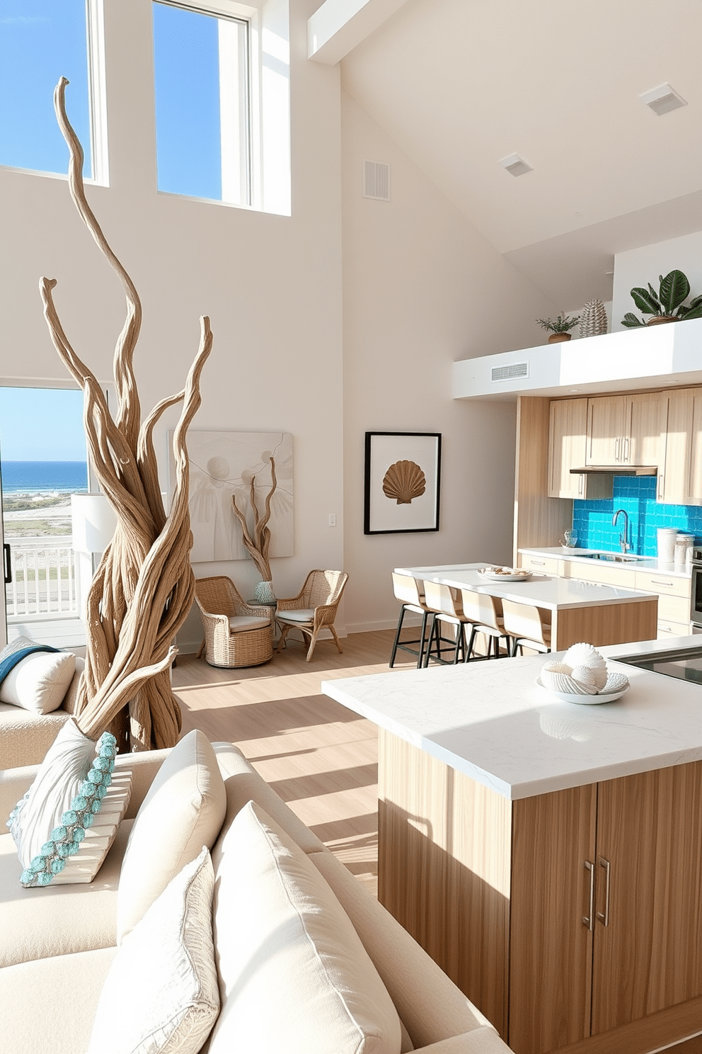 A beach apartment with unique driftwood sculptures as focal points creates a serene and artistic atmosphere. The open concept living space features large windows that invite natural light, complemented by soft, neutral furnishings and ocean-inspired decor. The kitchen boasts a modern design with light wood cabinets and a large island topped with quartz. Coastal elements like seashell accents and a vibrant blue backsplash enhance the beachy vibe throughout the apartment.