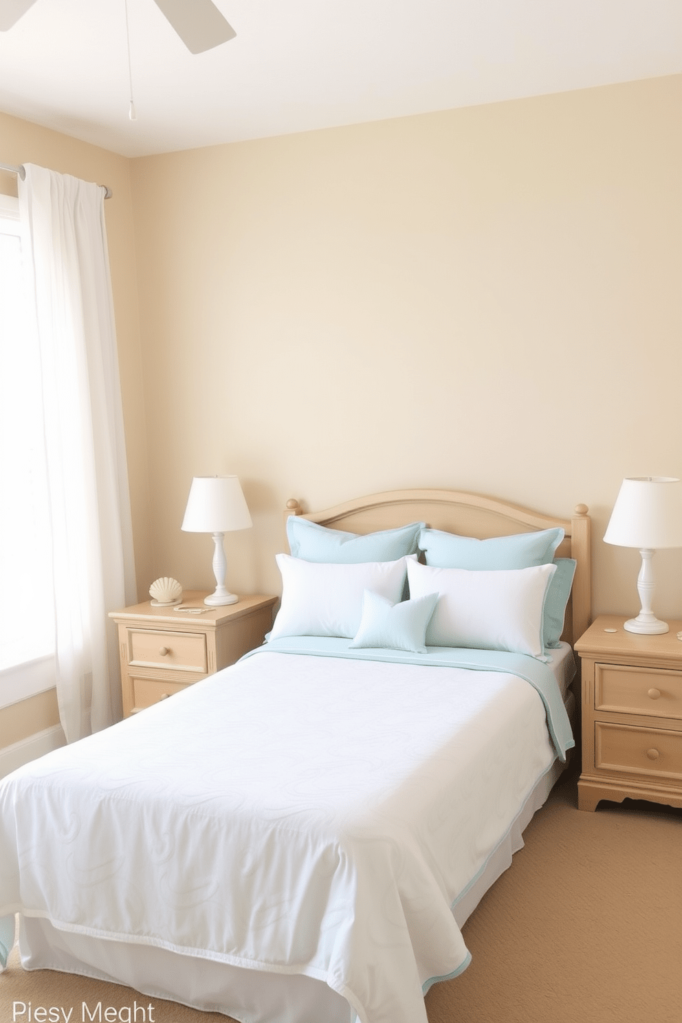 A serene beach-themed bedroom featuring soft blue and white bedding with subtle wave patterns. The bed is flanked by light wooden nightstands, each adorned with a simple seashell lamp. The walls are painted a soft sandy beige, creating a warm and inviting atmosphere. A large window draped with sheer white curtains allows natural light to flood the room, enhancing the coastal vibe.