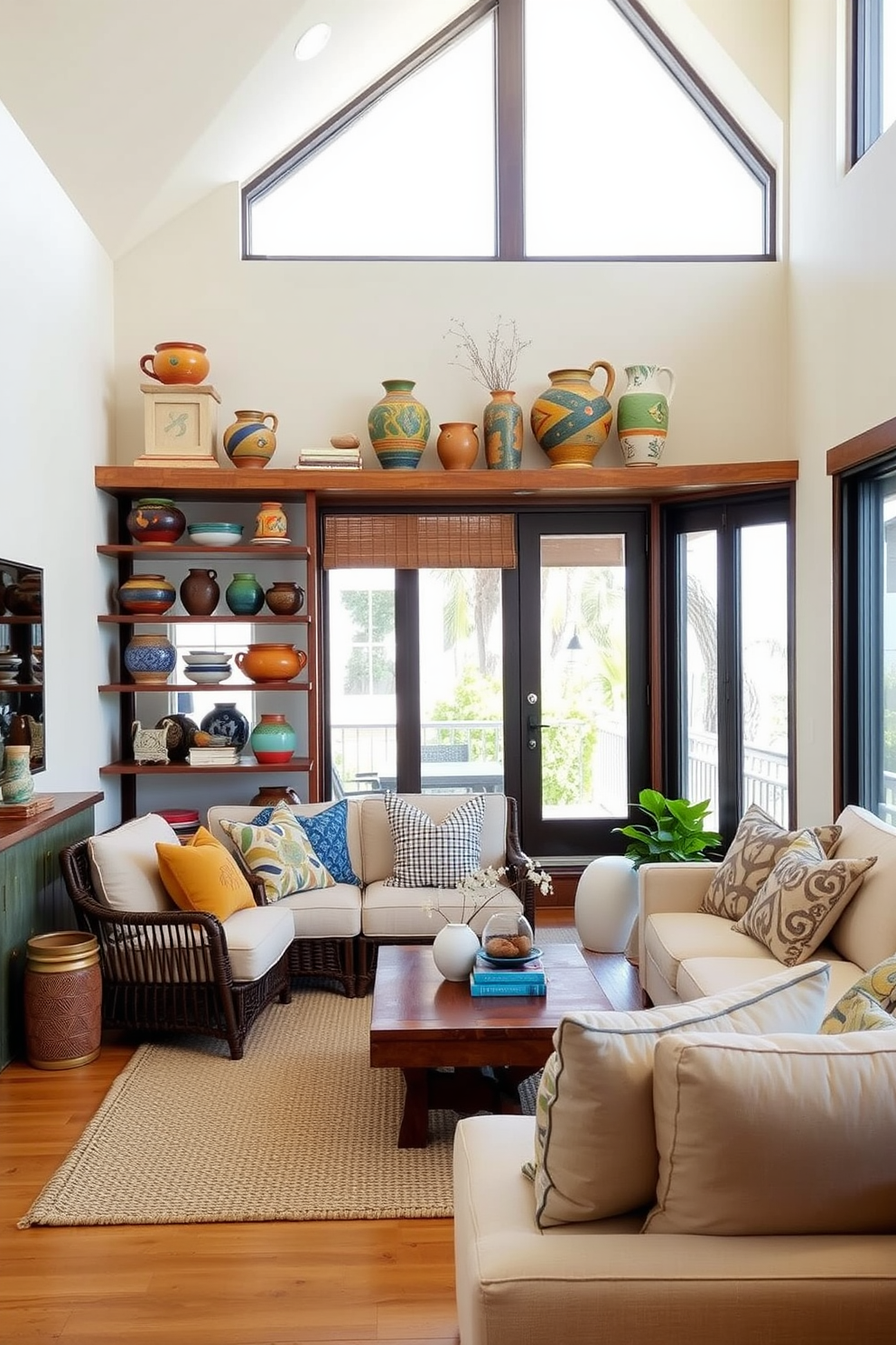 Artisan pottery displayed on open shelves adds a local touch to the beach apartment. The vibrant colors and unique shapes of the pottery complement the coastal decor and create a warm, inviting atmosphere. The living area features large windows that allow natural light to flood the space, enhancing the airy feel of the beach apartment. Soft, neutral furnishings paired with ocean-inspired accents create a relaxed and comfortable environment.