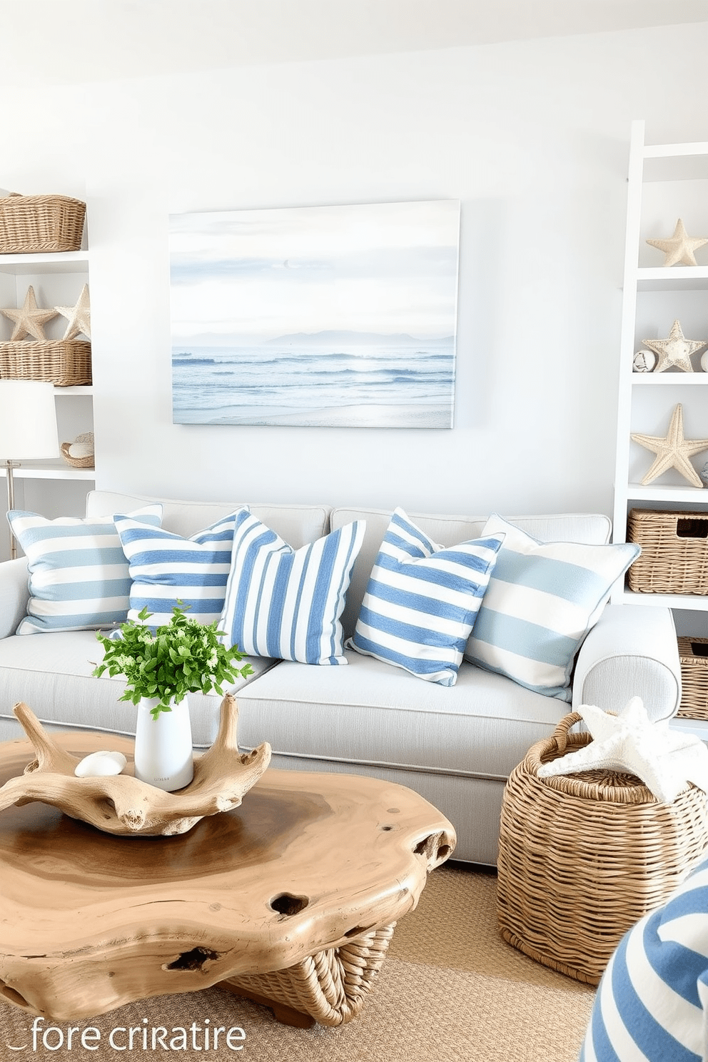 A serene beach apartment filled with nautical themed decor. Soft blue and white colors dominate the space, with striped throw pillows adorning a cozy sofa. A large canvas depicting a tranquil ocean scene hangs above the sofa. Natural wood accents, such as a driftwood coffee table, enhance the coastal vibe. Woven baskets are placed strategically for storage and decoration. A collection of seashells and starfish decorates the shelves, adding subtle touches of the beach.