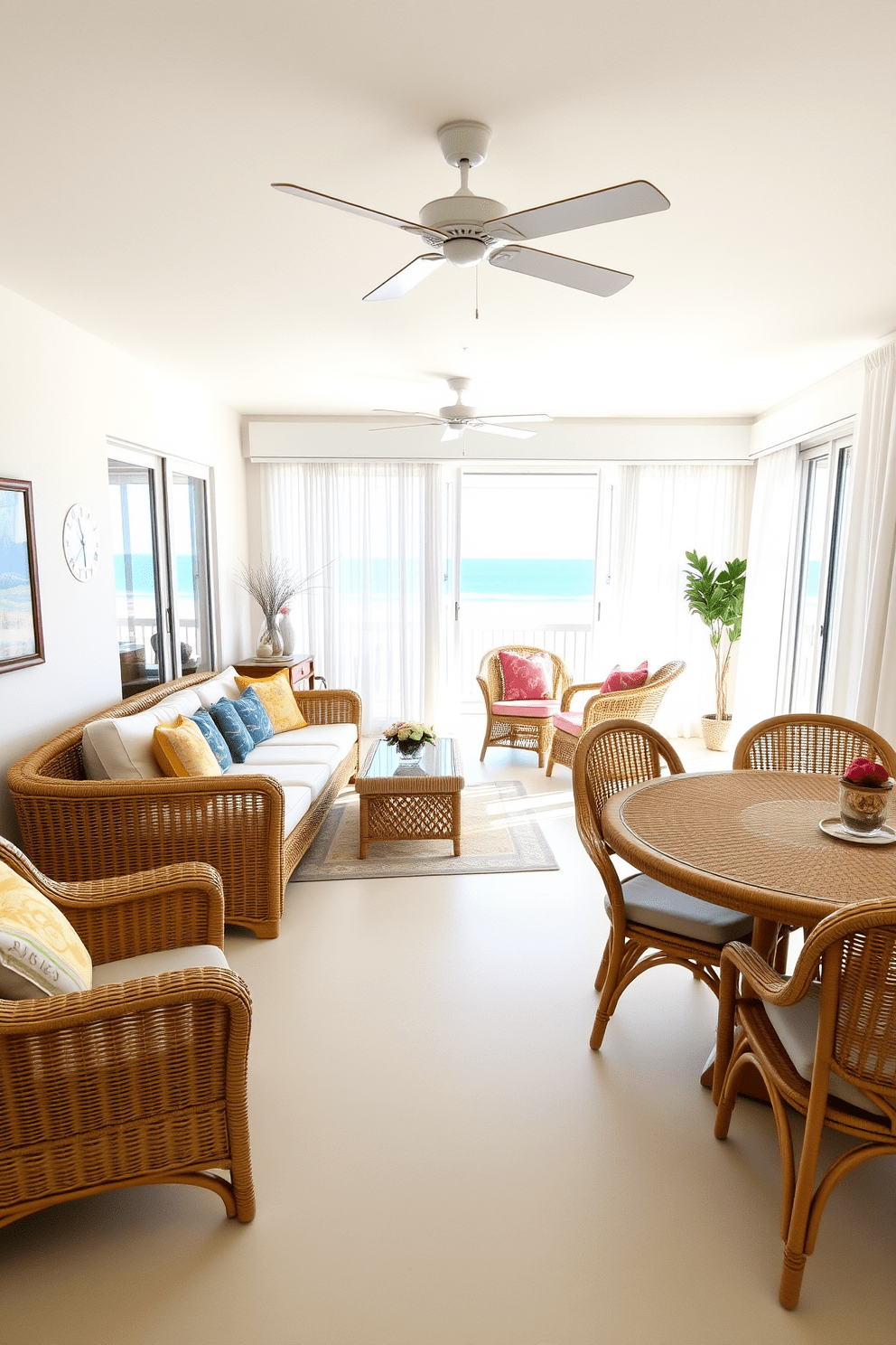 A bright and airy beach apartment features rattan furniture that exudes a relaxed coastal charm. The living area is adorned with a large rattan sofa, complemented by colorful throw pillows and a light woven coffee table. In the dining space, a round rattan dining table is surrounded by matching chairs, creating an inviting atmosphere. Natural light floods the room through large windows, enhancing the beachy vibe with sheer white curtains fluttering gently in the breeze.