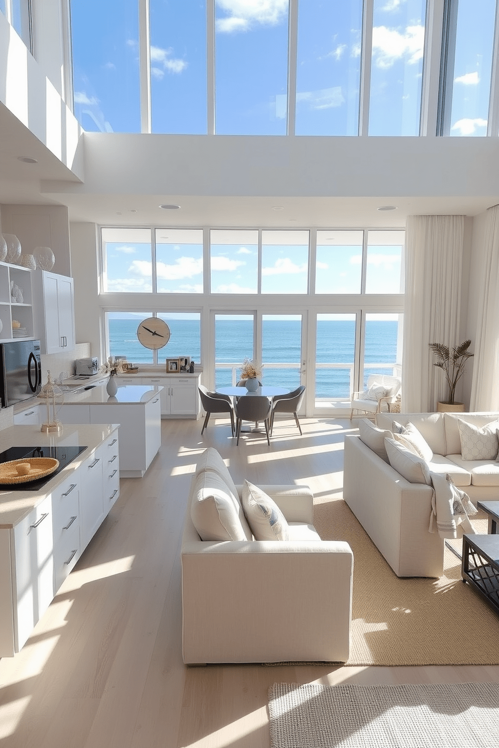 A bright and airy beach apartment with large windows offering stunning ocean views. The open-plan living area features light-colored furniture and natural textures, creating a relaxed coastal vibe. The kitchen boasts sleek cabinetry and a spacious island, perfect for entertaining. Soft pastel accents and nautical decor enhance the seaside charm throughout the space.