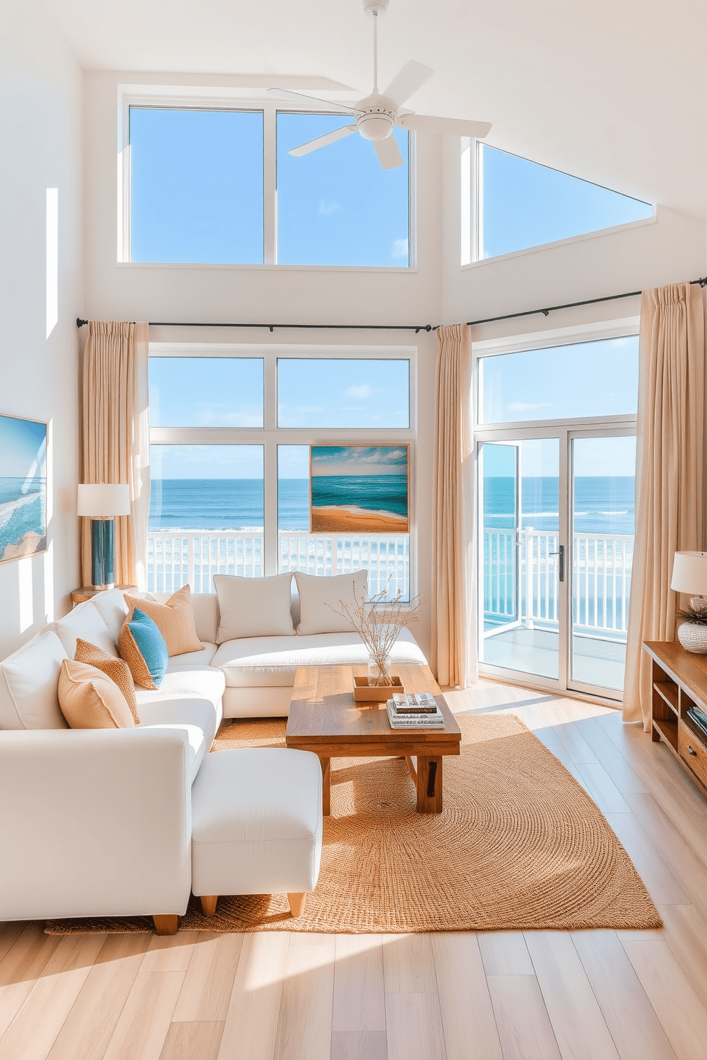 A bright and airy beach apartment with large windows allowing natural light to flood the space. The walls are adorned with beach-inspired artwork featuring serene ocean scenes and vibrant coastal colors. The living area includes a comfortable sectional sofa in soft white fabric paired with a rustic wooden coffee table. Light beige curtains flutter gently in the breeze, and a jute area rug adds warmth to the room.