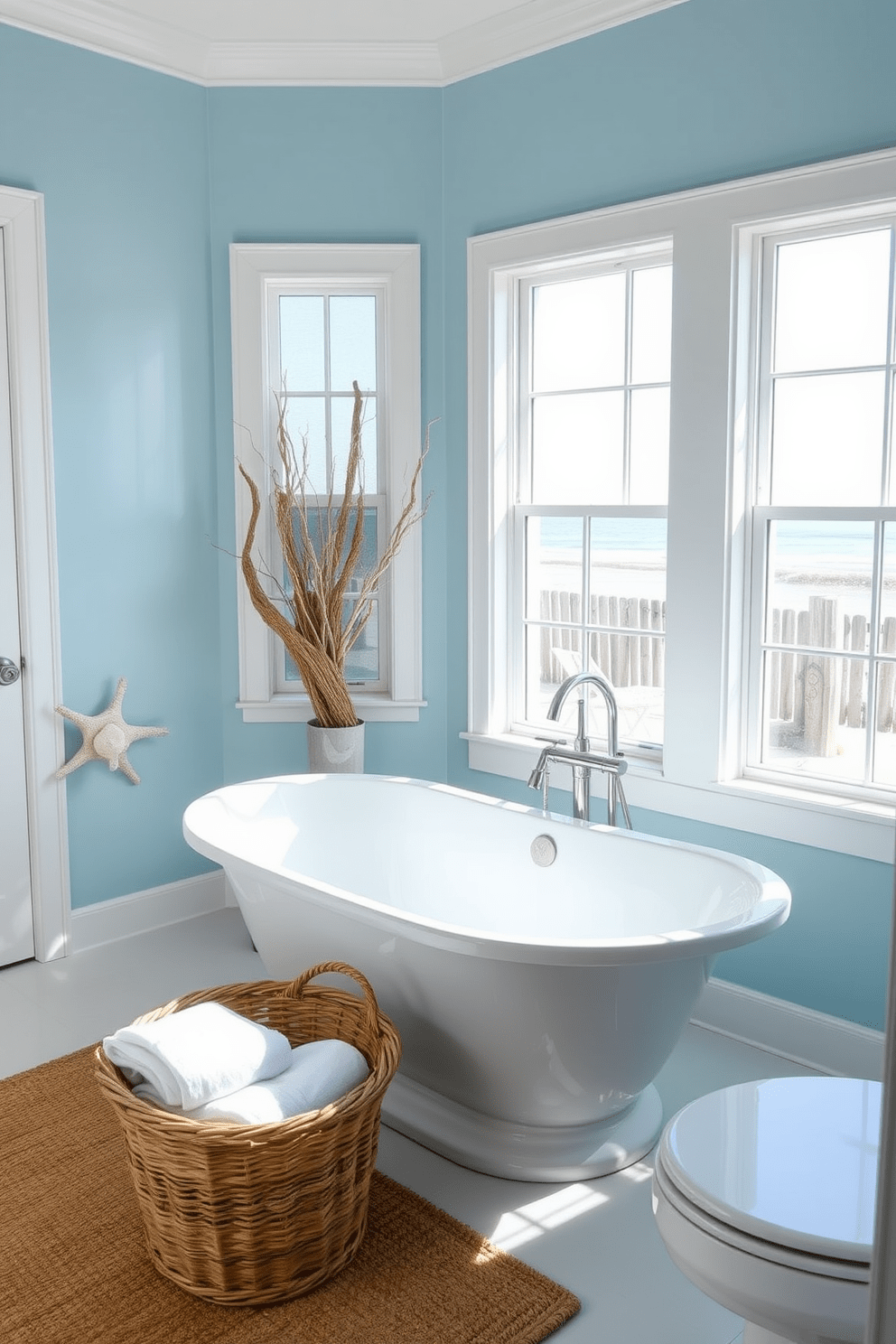 A serene beach bathroom retreat featuring soft blue walls that evoke the tranquility of the ocean. The space includes a freestanding tub with a view of the water, surrounded by driftwood accents and seashell decor. Natural light floods the room through large windows, enhancing the coastal color palette. A woven basket holds plush white towels, while a jute rug adds warmth underfoot.