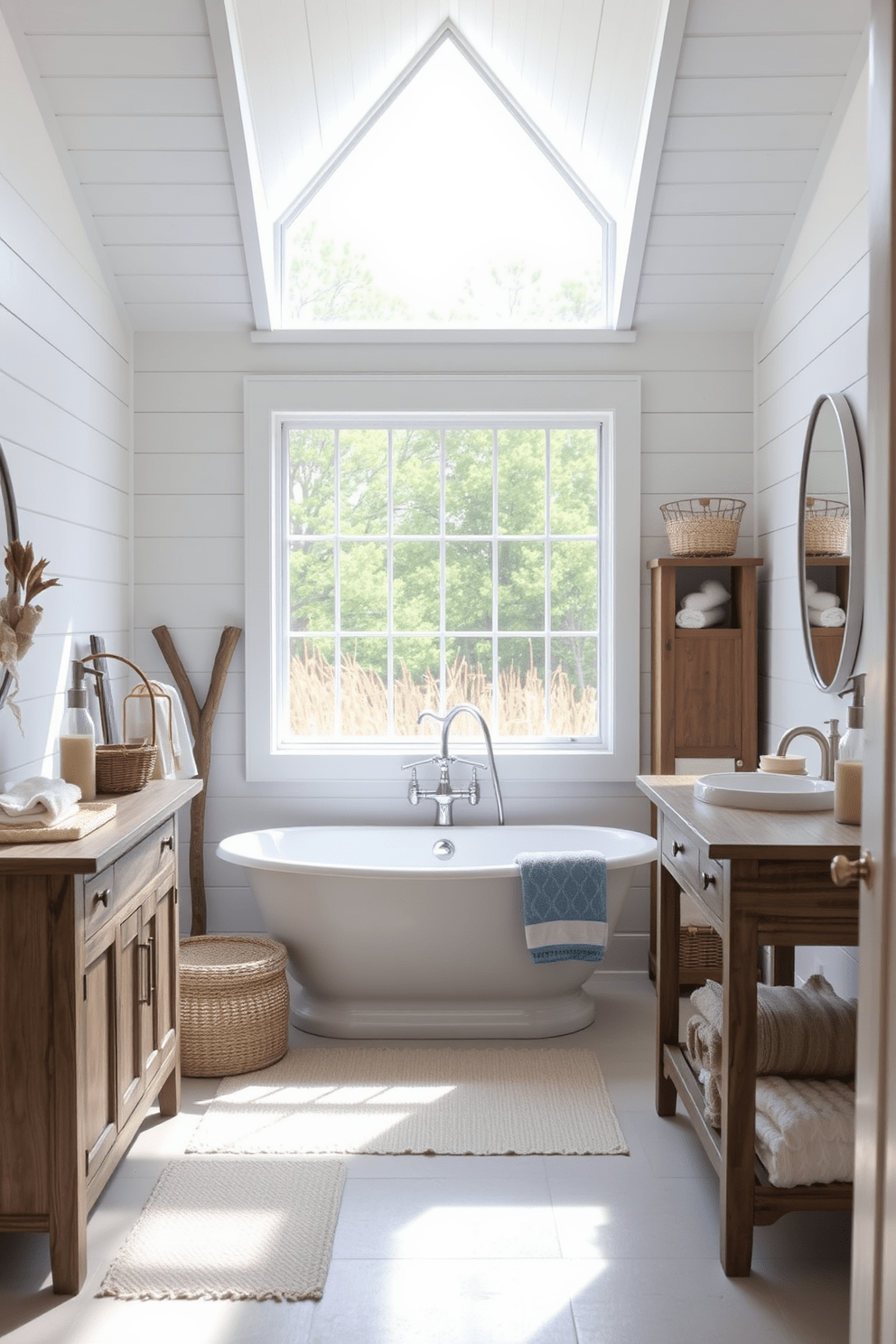 A serene beach bathroom featuring white shiplap walls that evoke a coastal atmosphere. The space includes a freestanding soaking tub positioned near a large window, allowing natural light to flood in. Rustic wooden accents complement the shiplap, with a driftwood-inspired vanity and nautical-themed decor. Soft blue and sandy beige textiles add a touch of color, enhancing the beachy feel of the room.