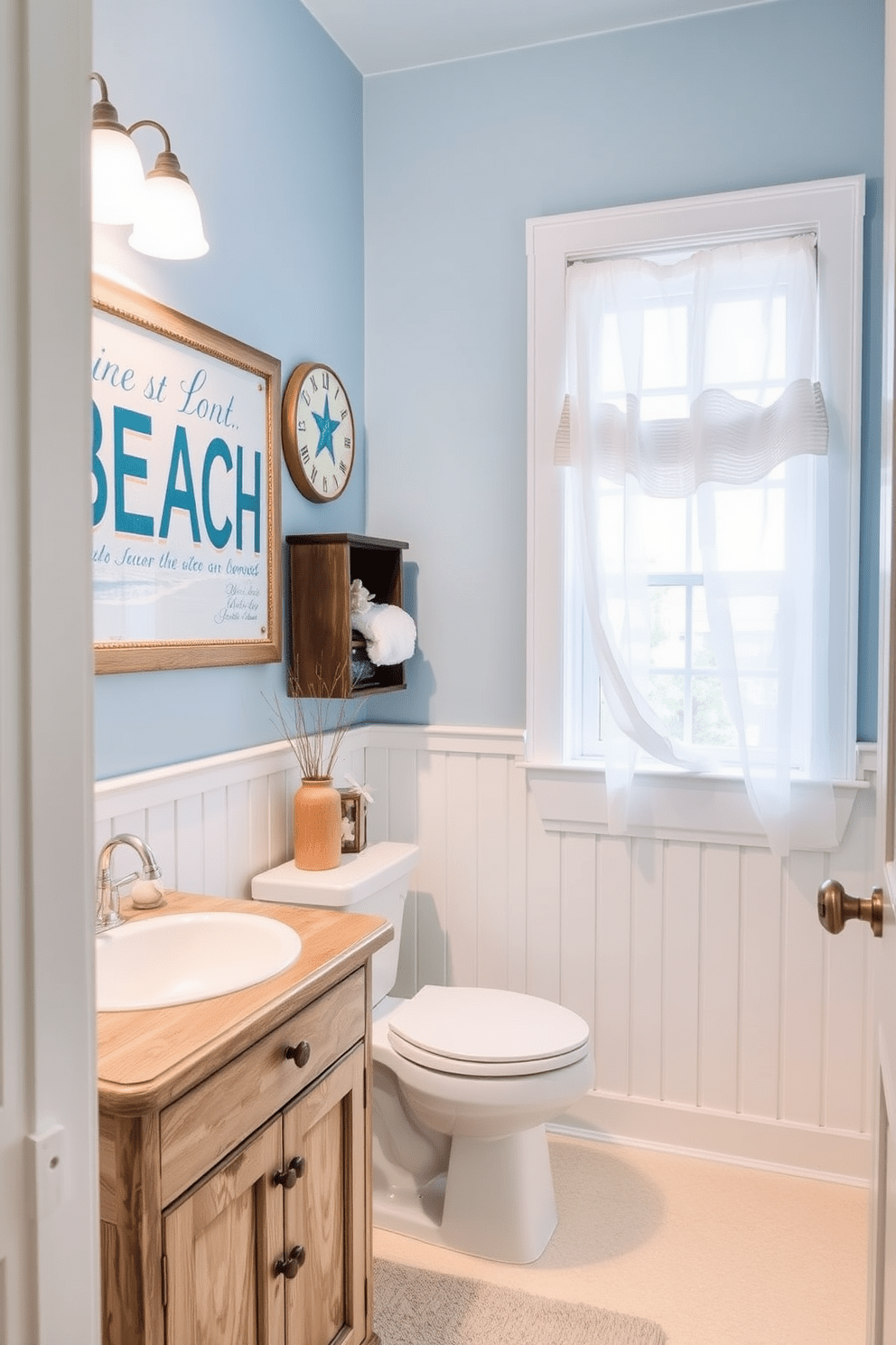 Vintage beach signs add a touch of personality to a coastal-themed bathroom. The space features soft blue walls, white wainscoting, and a weathered wooden vanity adorned with seashell accents. The bathroom showcases a large, framed vintage beach sign above the toilet, complementing the nautical decor. Light, airy curtains flutter at the window, allowing natural light to illuminate the room while enhancing the beachy vibe.