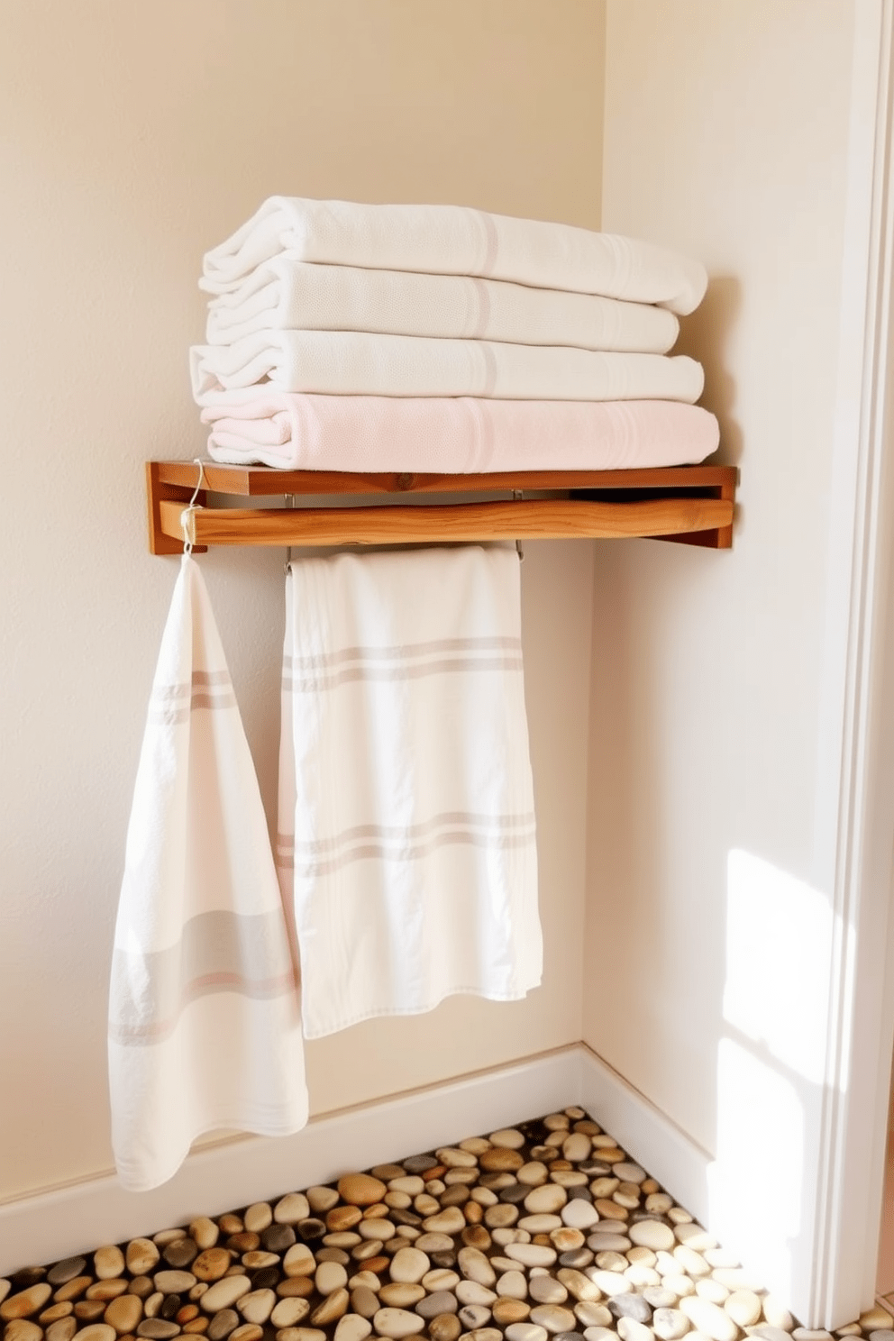 A serene beach bathroom setting featuring soft linen towels in pastel shades neatly arranged on a wooden rack. The walls are painted in a light sandy color, complemented by a pebble stone floor that evokes a coastal vibe.