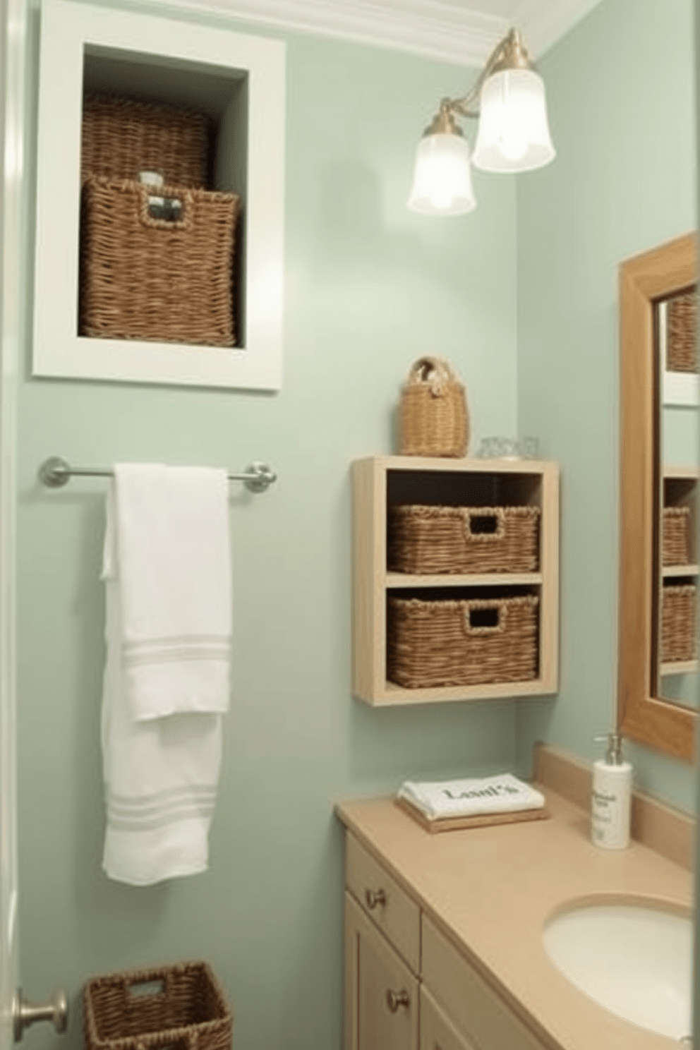 A beach-inspired bathroom featuring rattan storage baskets for organization. The walls are painted in a soft seafoam green, complemented by sandy beige accents throughout the space. The rattan baskets are neatly arranged on open shelves, adding a natural texture to the decor. Light wood finishes on the vanity and mirror enhance the coastal aesthetic while providing ample storage.