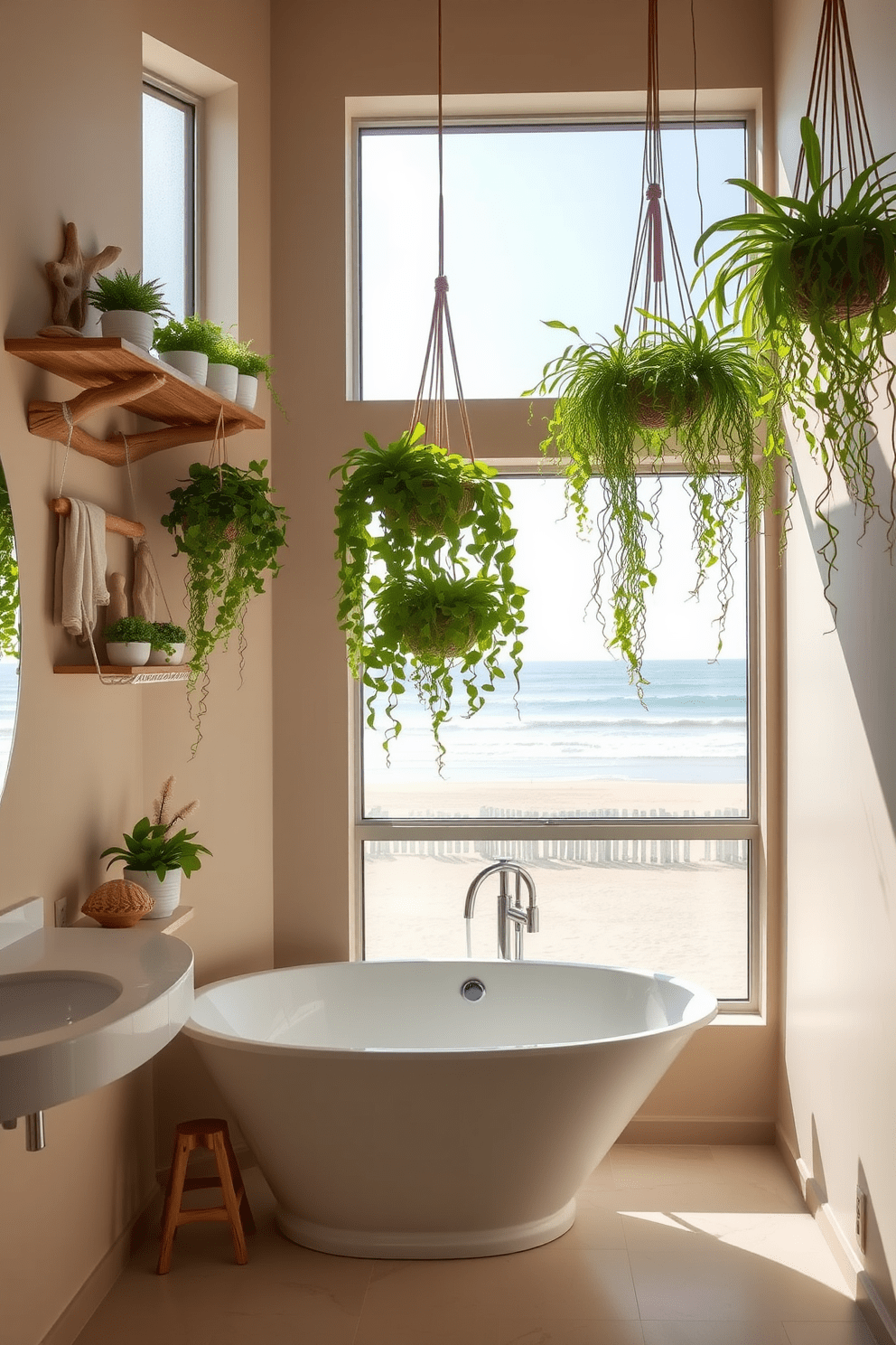 A serene beach-inspired bathroom featuring hanging plants that bring a fresh touch to the space. The walls are painted in soft sandy tones, and natural light floods in through large windows, creating a bright and airy atmosphere. The decor includes seashell accents and driftwood-inspired shelves adorned with vibrant green plants. A freestanding bathtub sits beside a large window, offering a stunning view of the beach outside.