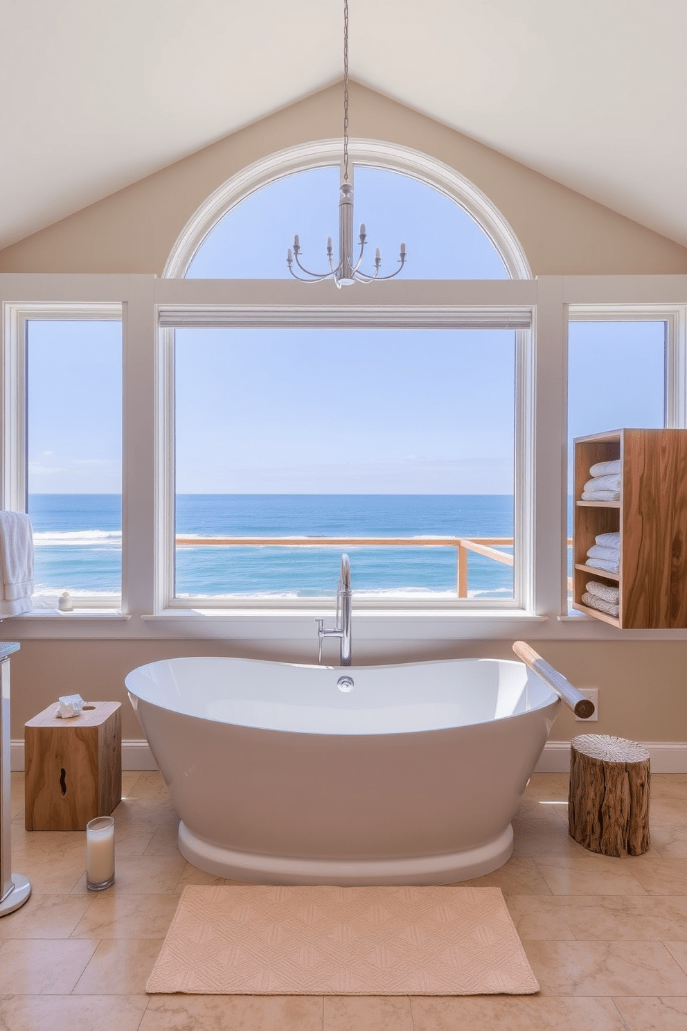 A luxurious beach bathroom features a stunning freestanding tub positioned near a large window that offers breathtaking ocean views. The tub is surrounded by soft, sandy tones, with natural wood accents and coastal decor that evoke a serene seaside atmosphere.