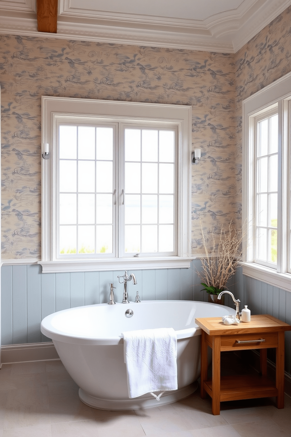 A serene beach-themed bathroom with accent walls featuring soft blue and sandy beige wallpaper. The decor includes seashell motifs and subtle wave patterns, creating a calming coastal atmosphere. The bathroom features a freestanding soaking tub surrounded by natural wood accents. Large windows allow for plenty of natural light, enhancing the beach-inspired color palette.