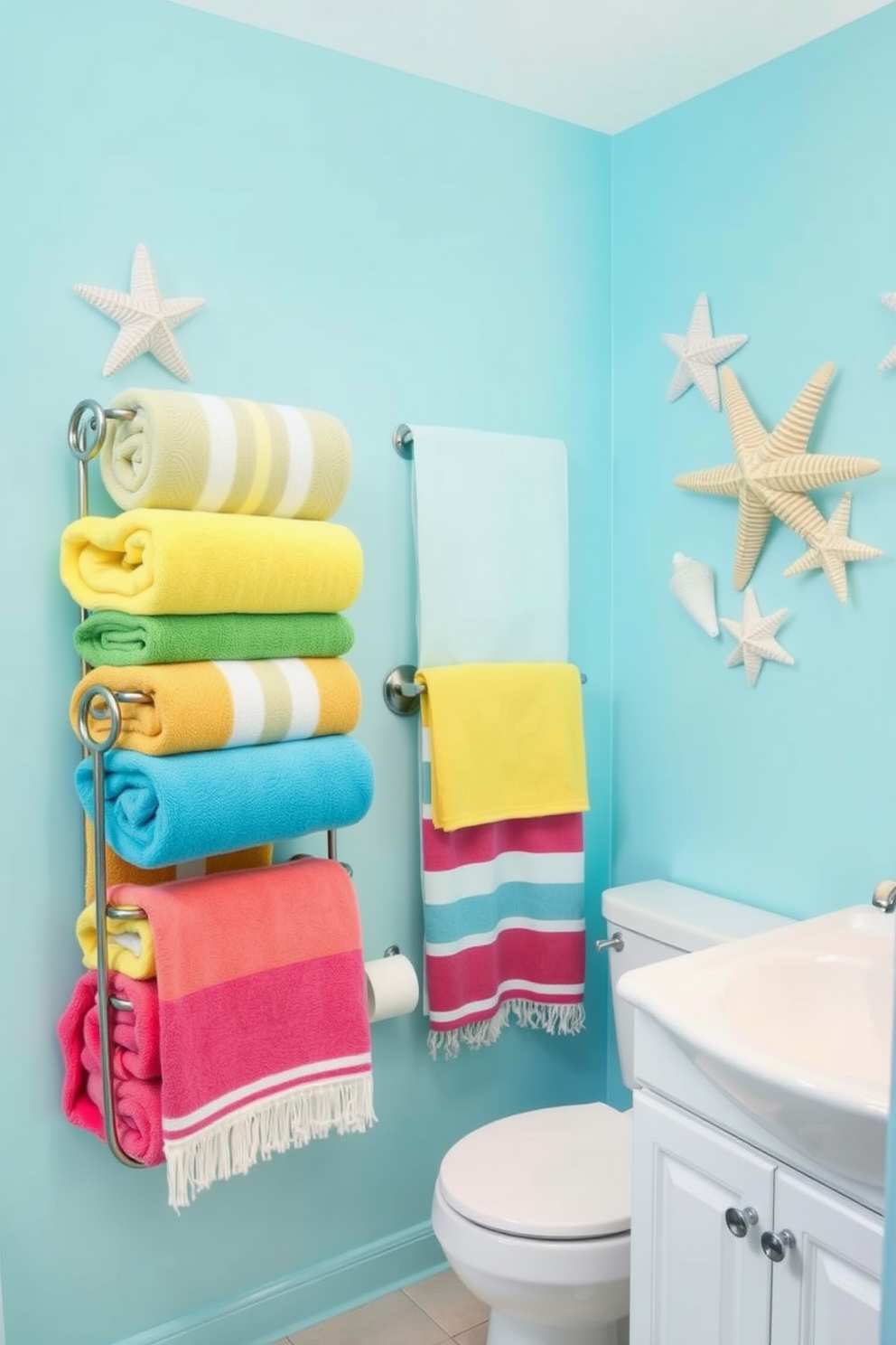 A vibrant beach-themed bathroom featuring colorful beach towels neatly arranged on a stylish rack. The walls are adorned with light blue paint, and seashell decorations add a playful touch to the overall ambiance.